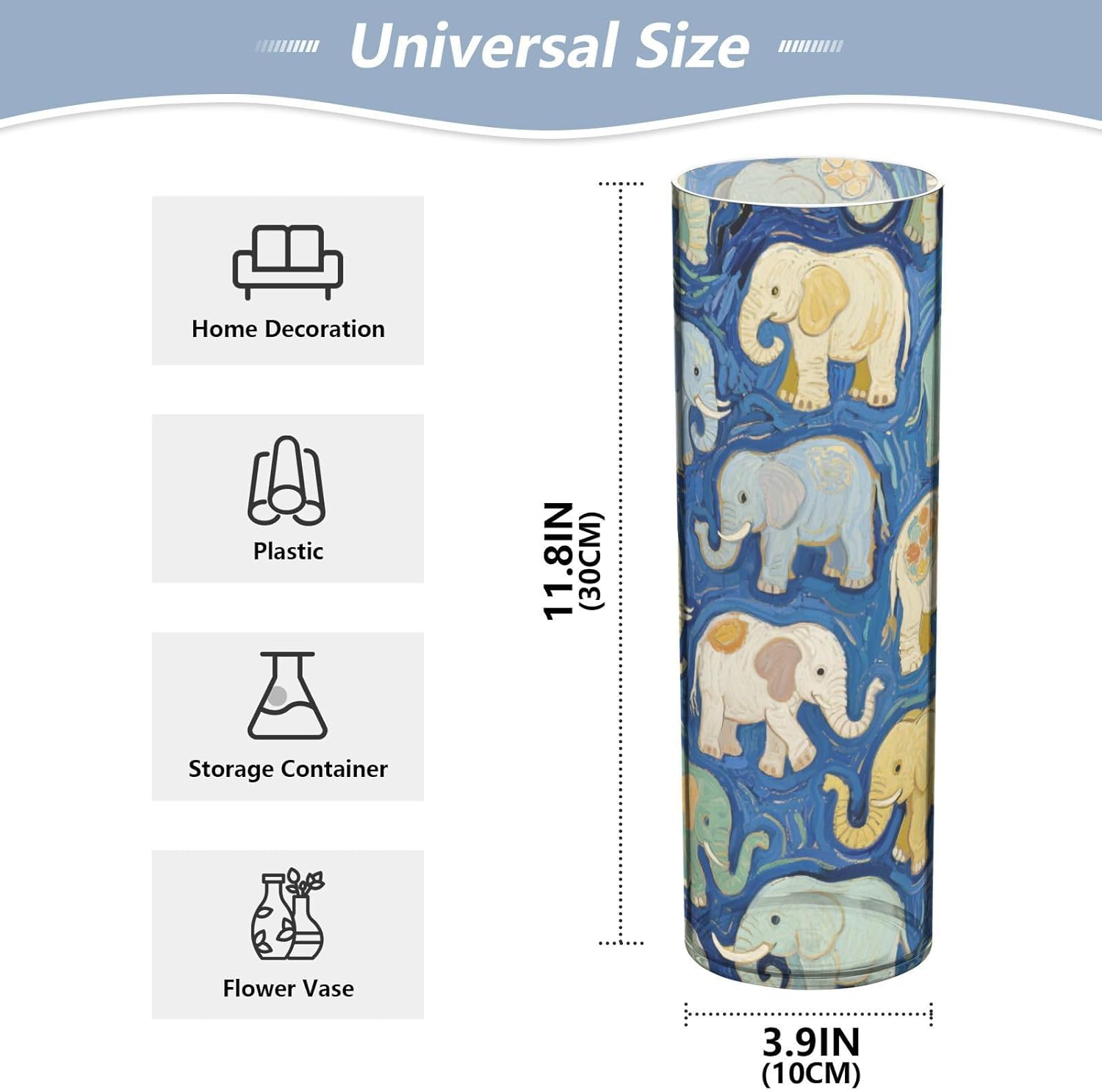 Blue Elephant Art Painting Plastic Vase 118 x 39 Inch Decor