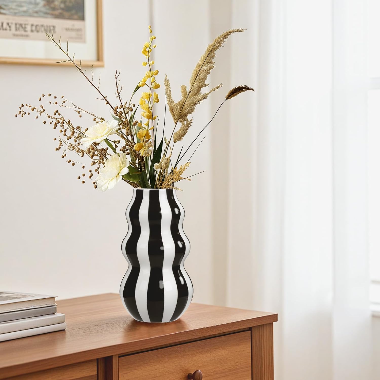 Black and White Ceramic Vase 866 in Tall Modern Striped Centerpiece