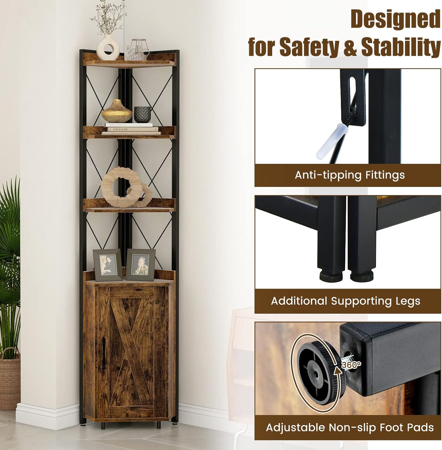 LOKO 71 Inches Tall Corner Shelf with 4 Tiers and Storage Cabinet