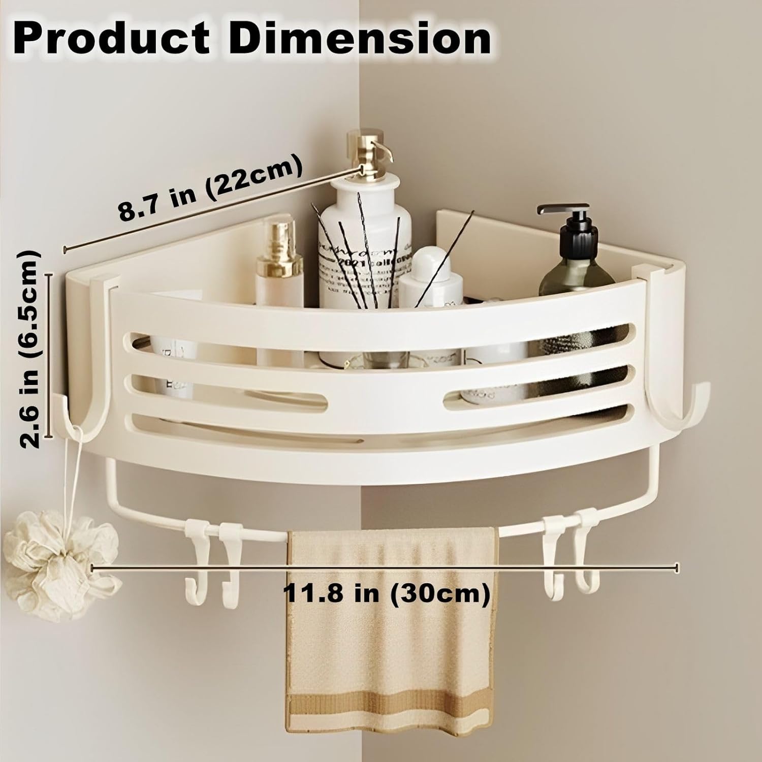 Corner Triangle Shower Shelves with Hooks Rust Resistant Storage Shelf for Bathroom and Kitchen Creamy White