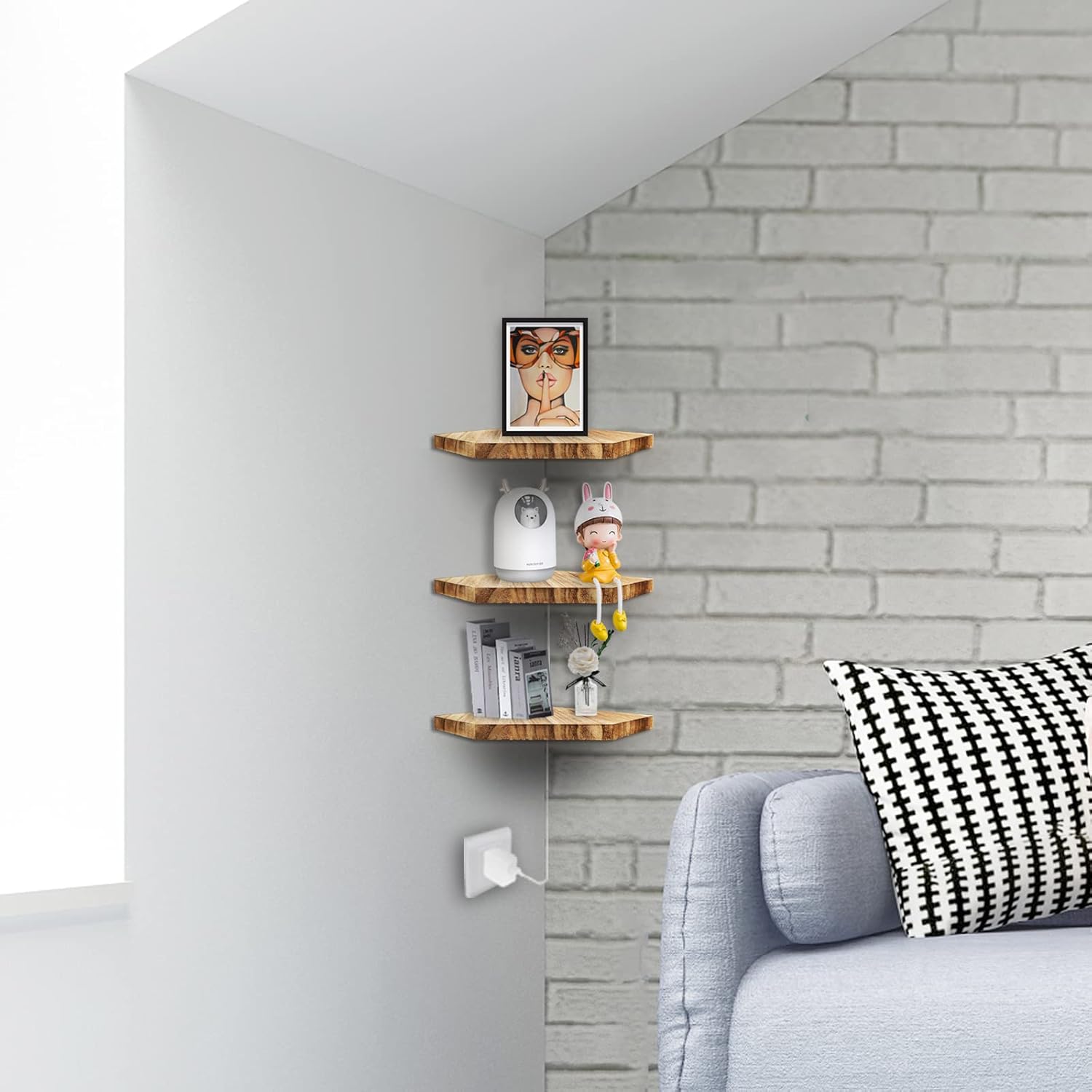 HAO Floating Corner Wall Shelves Rustic Diamond Shape Set of 3 Carbonized Black