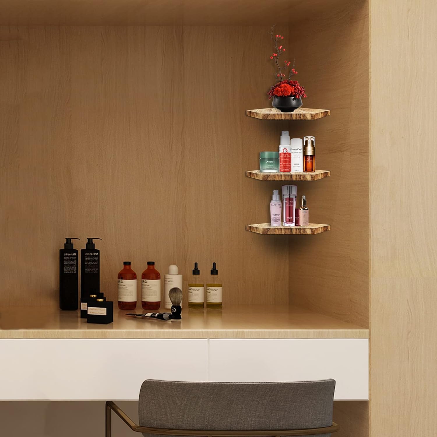 HAO Floating Corner Wall Shelves Rustic Diamond Shape Set of 3 Carbonized Black