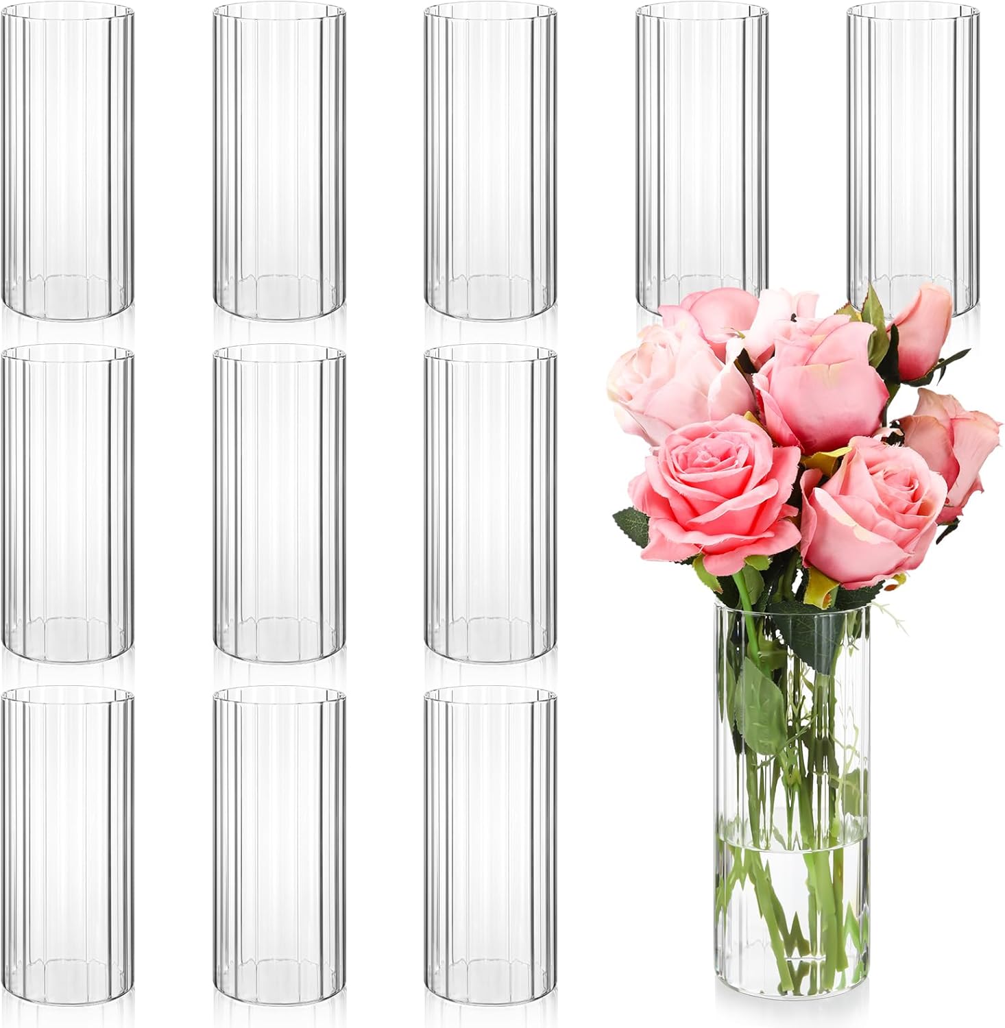 12 Pcs Clear Ribbed Glass Cylinder Vases for Centerpieces Wedding Home Decor
