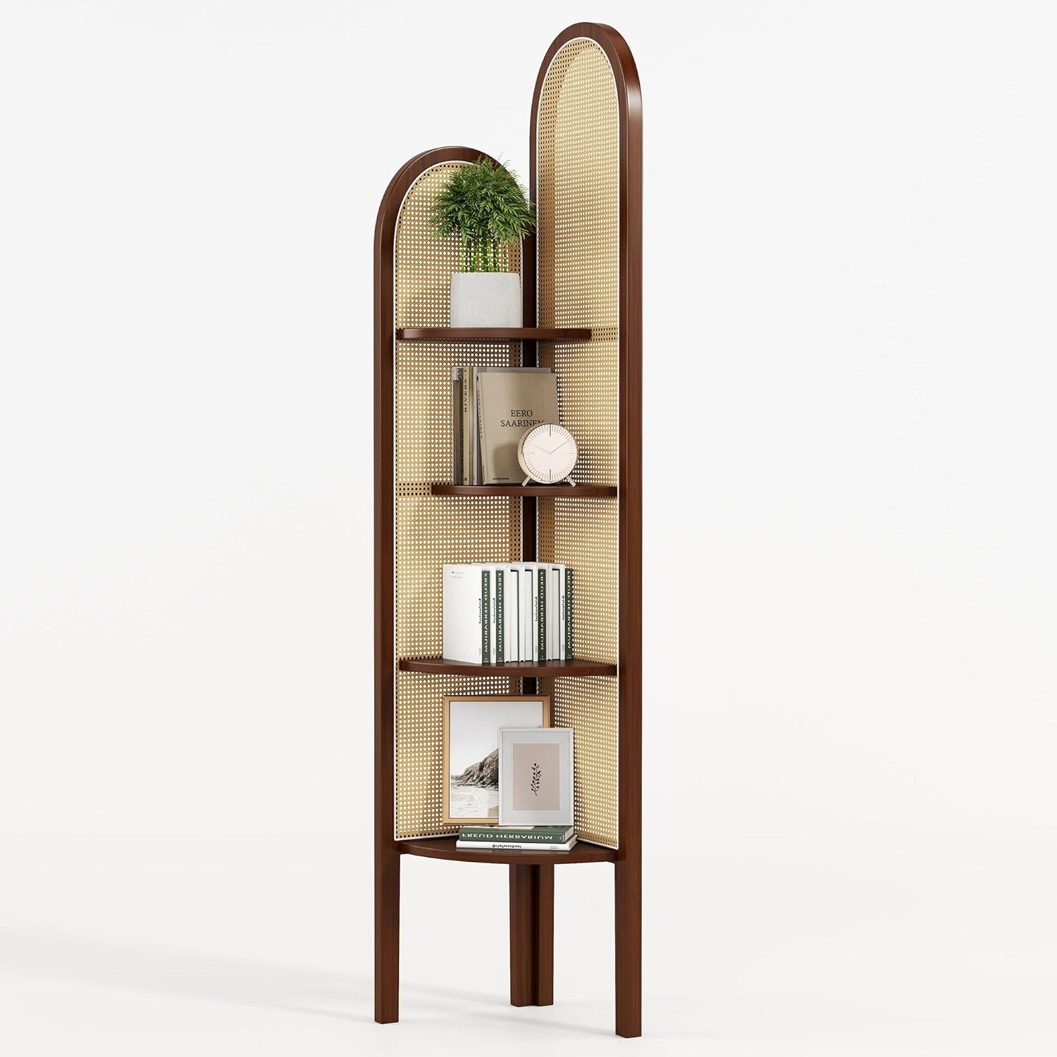 4 Tier Corner Shelf Stand Solid Wood Boho Rattan Shelves with Wicker Weave for Bedroom Living Room