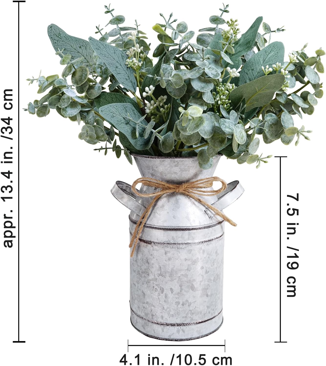 Winlyn Rustic Metal Milk Can Vase with Artificial Eucalyptus Stems