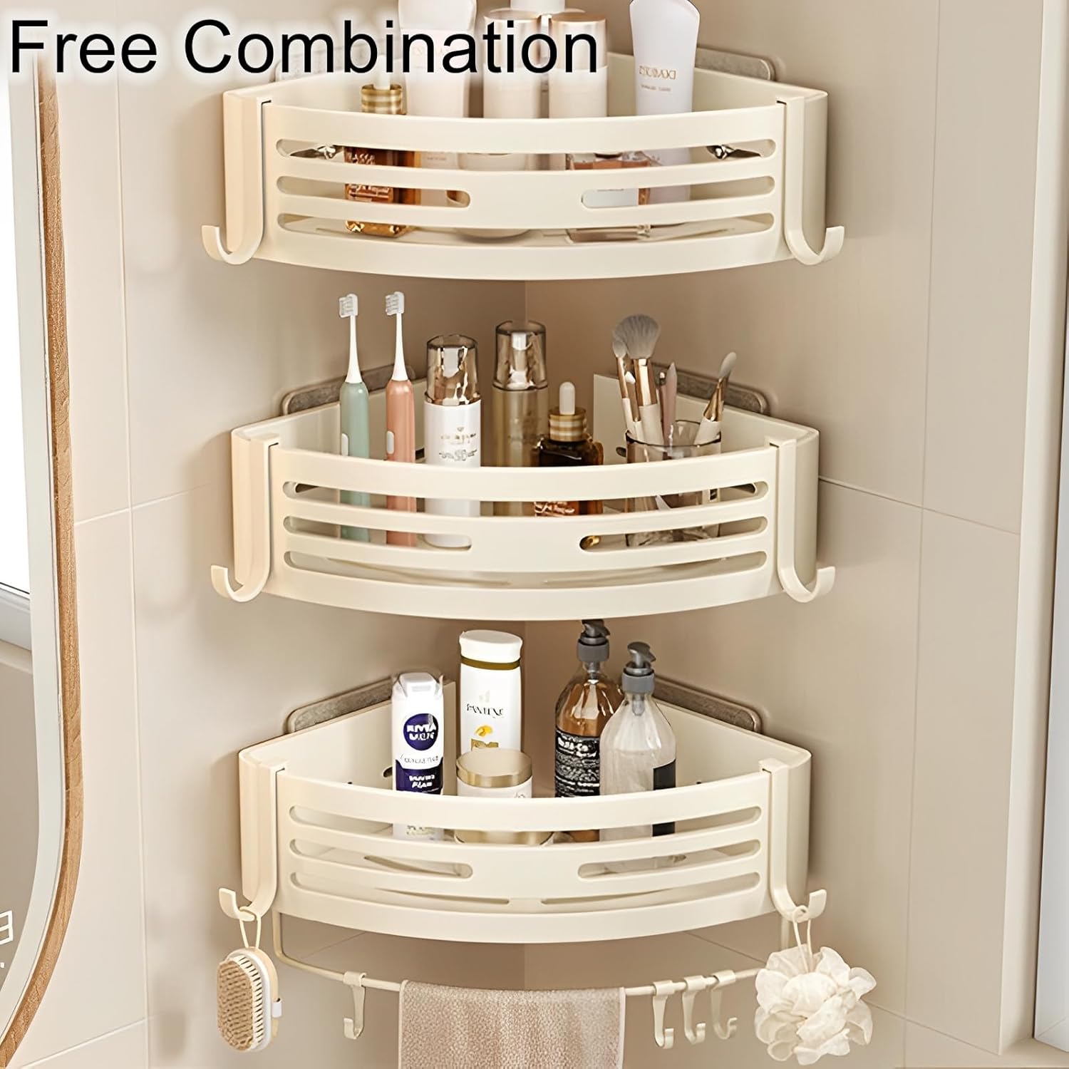 Corner Triangle Shower Shelves with Hooks Rust Resistant Storage Shelf for Bathroom and Kitchen Creamy White