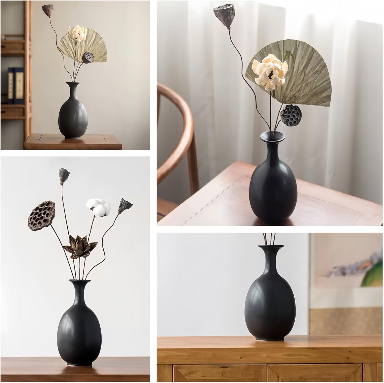 Black Ceramic Vase with Dried Flowers for Home Decor