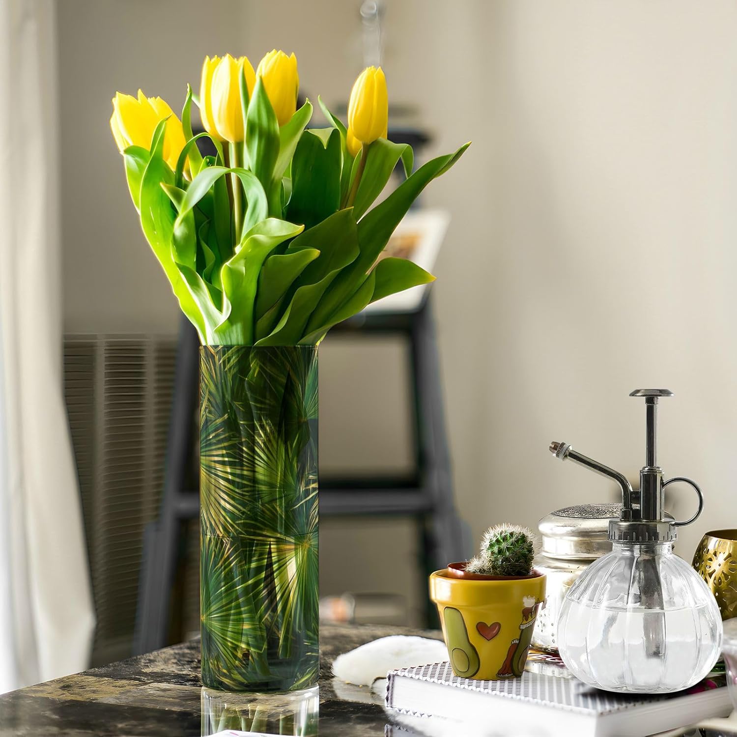 Green Tropical Leaves Plastic Flower Vase 118 x 39 Inch Decorative Hurricane Candle Holder