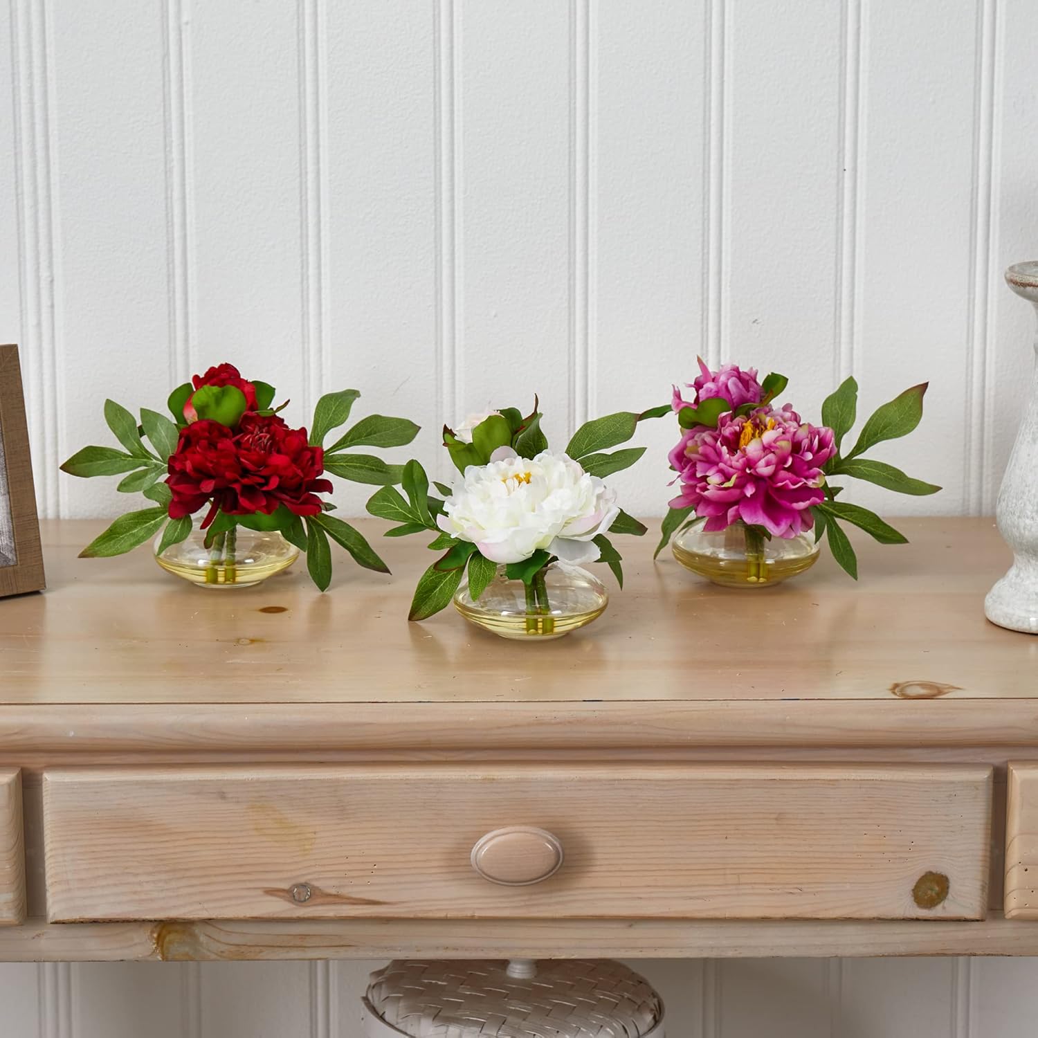 Nearly Natural Peony with Glass Vase Set of 3 1