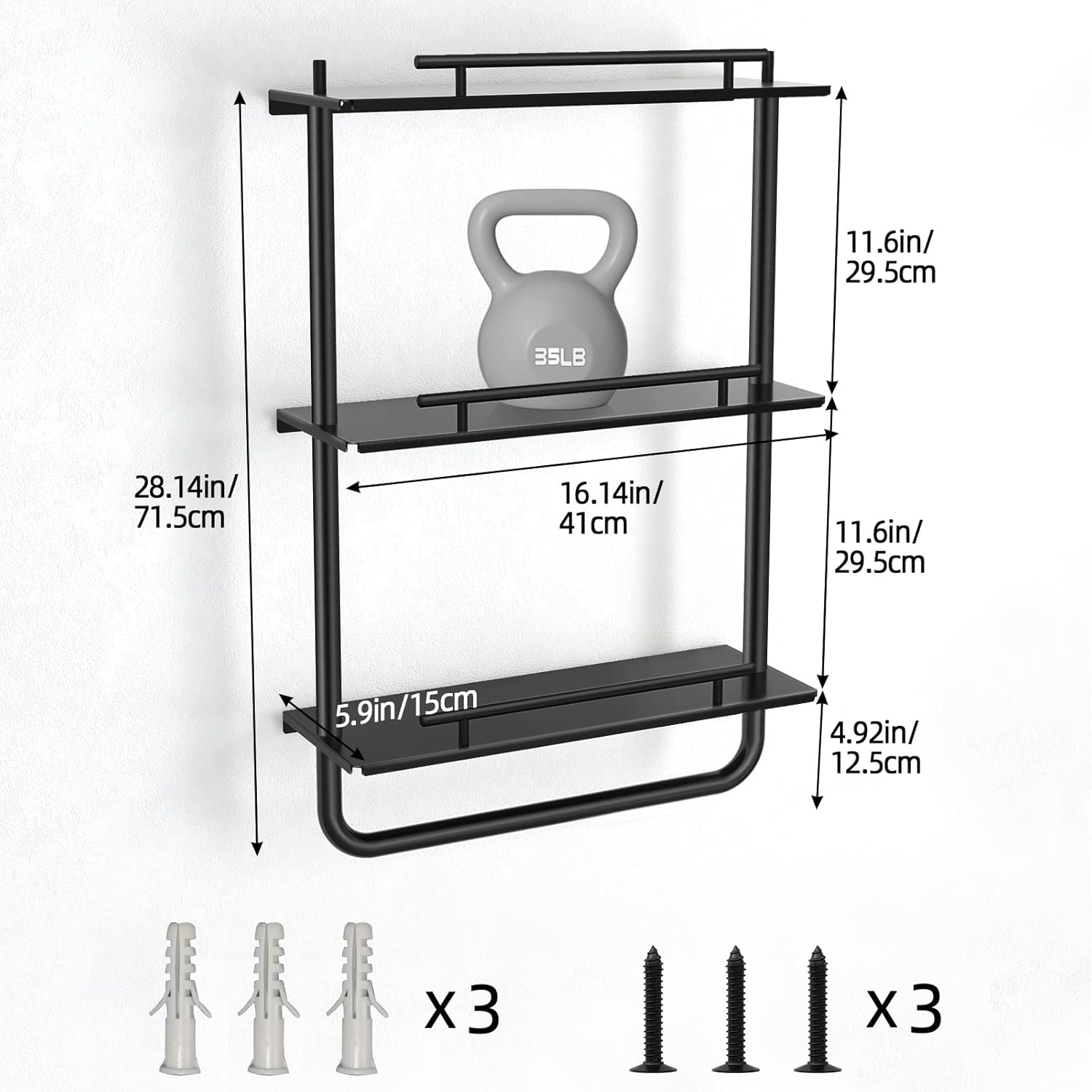 3 Tier Floating Shelves Black with Frame and Towel Rack