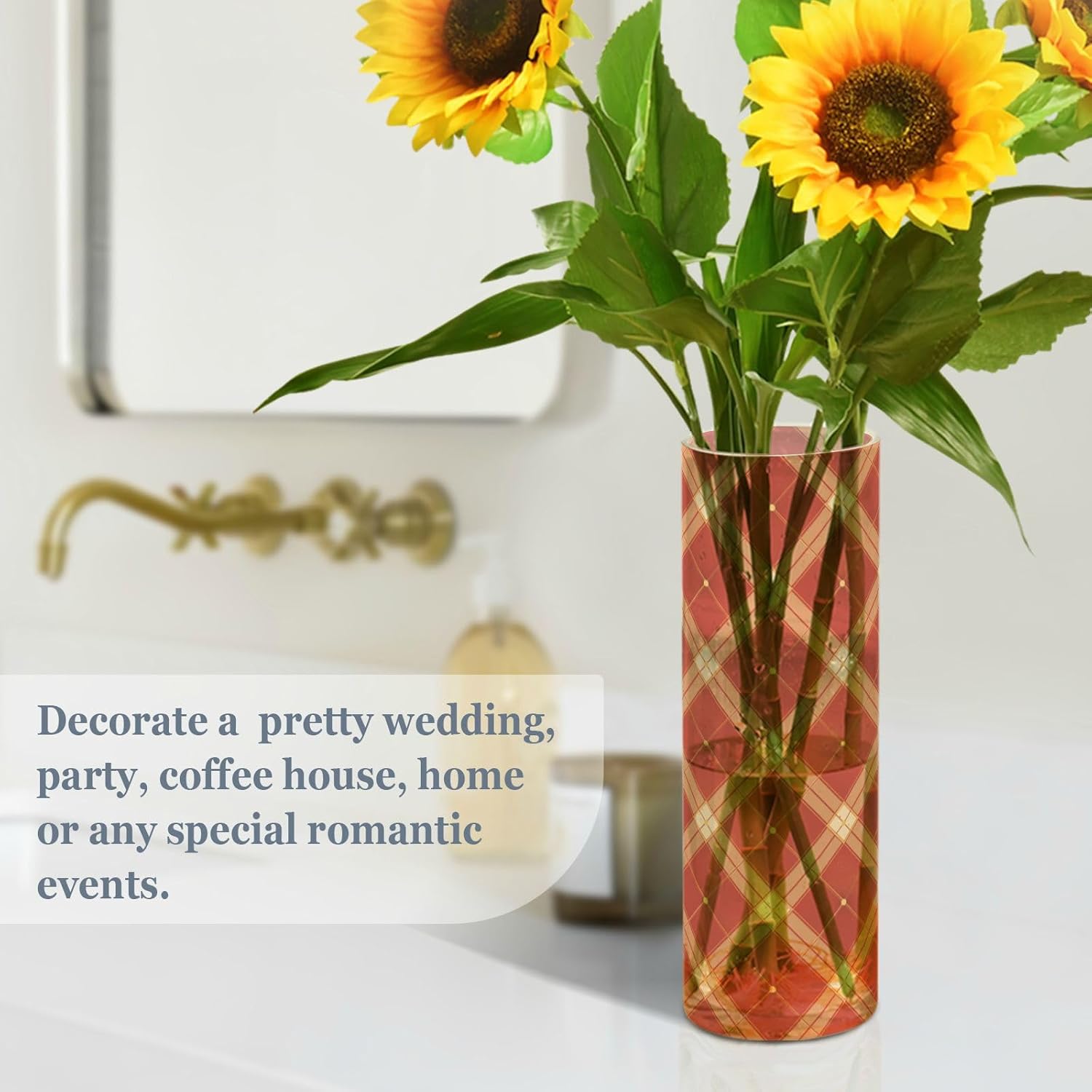Chequer Pattern Red Gold Plastic Cylinder Vase 118x39 Inch