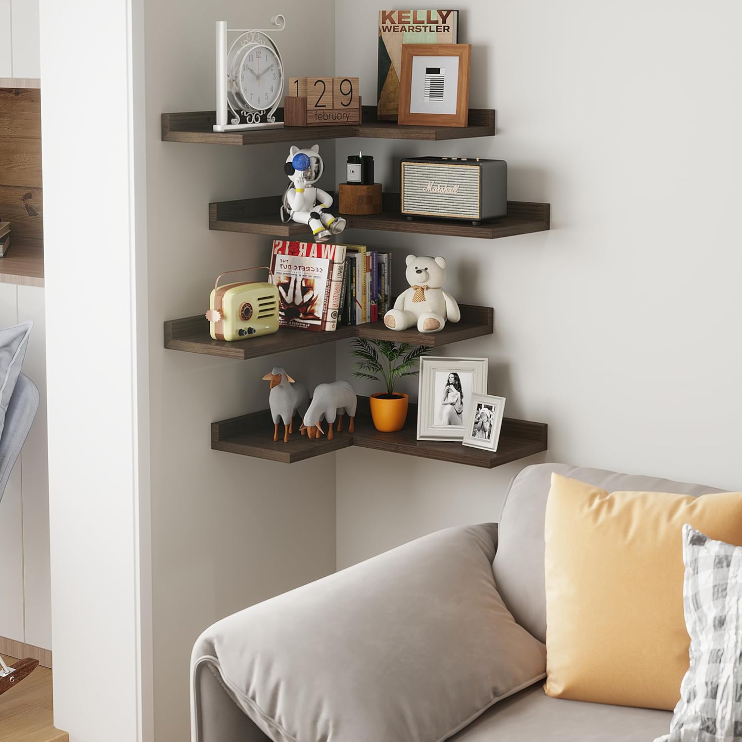 4 Tier Floating Corner Shelves Rustic Walnut