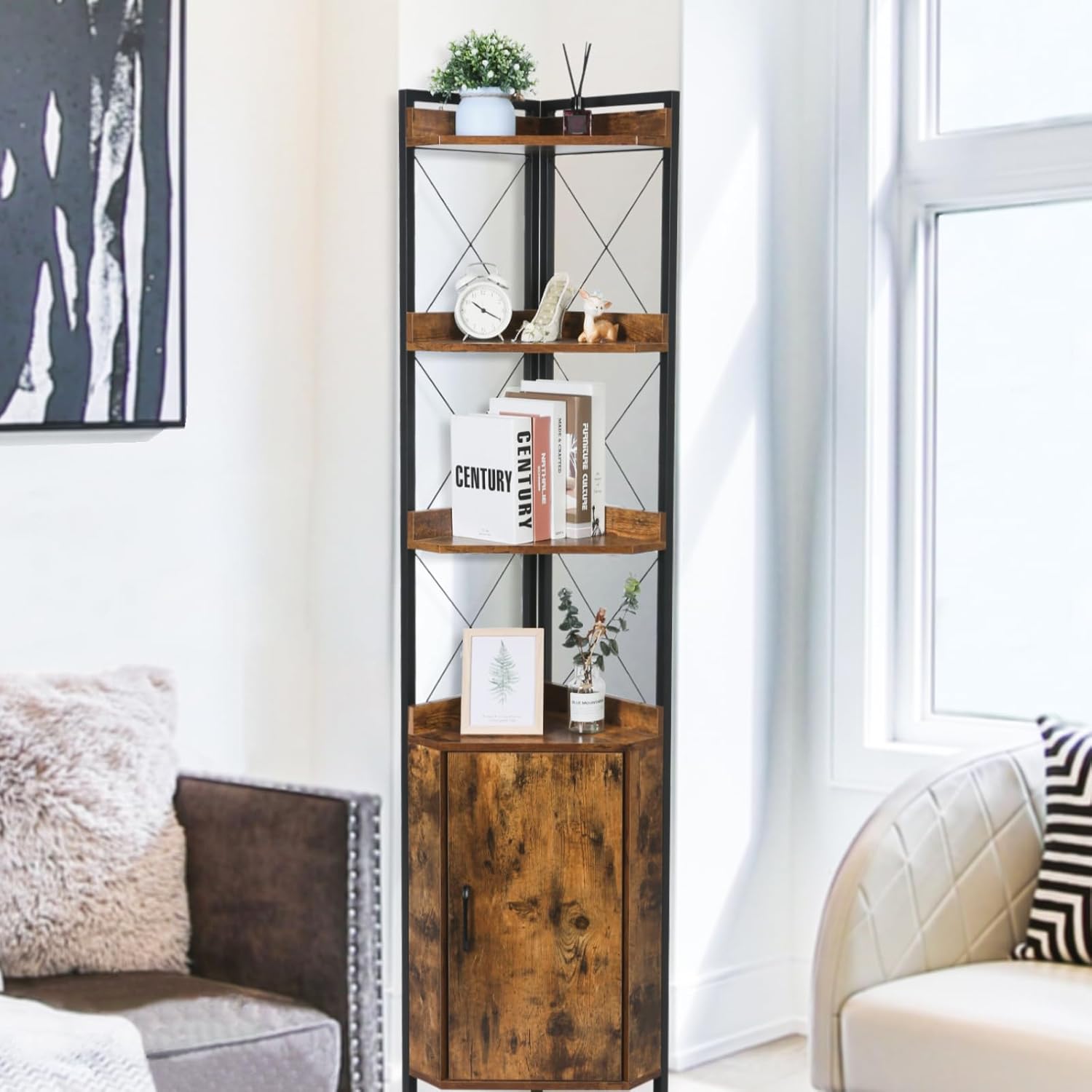 OUTREE Tall Corner Shelf with Doors and Plant Stand
