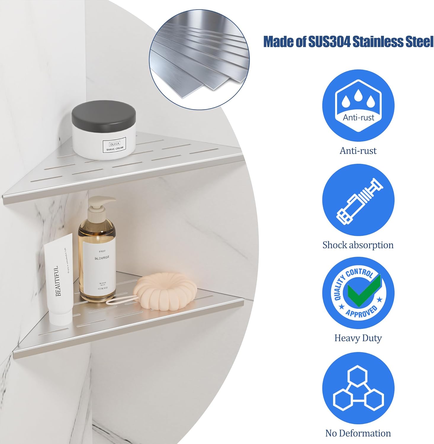 Neodrain 10 Inch Brushed Steel Corner Shelf Set of 2 No Drilling