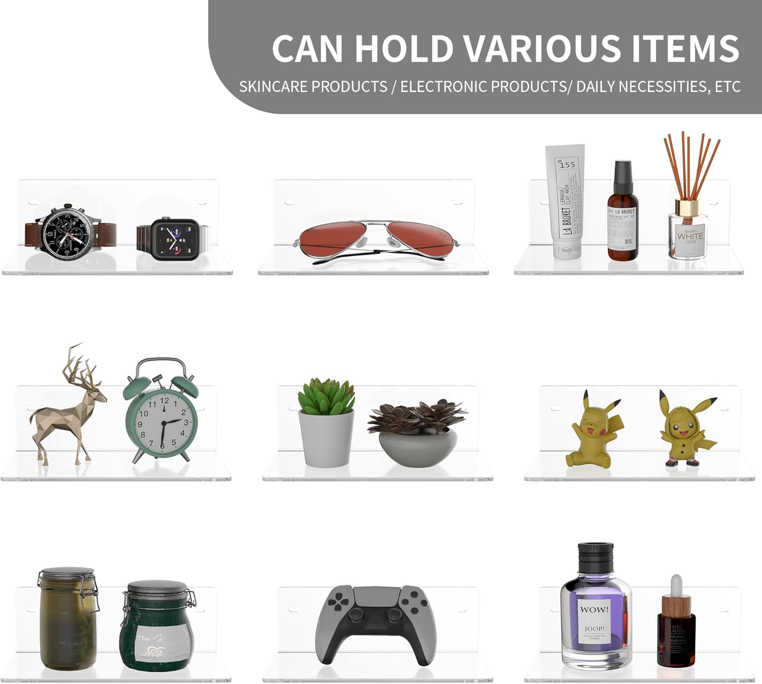 8 Inch Clear Floating Shelf for Wall 2 Pack 4 Depth Acrylic Space Saving Organizer