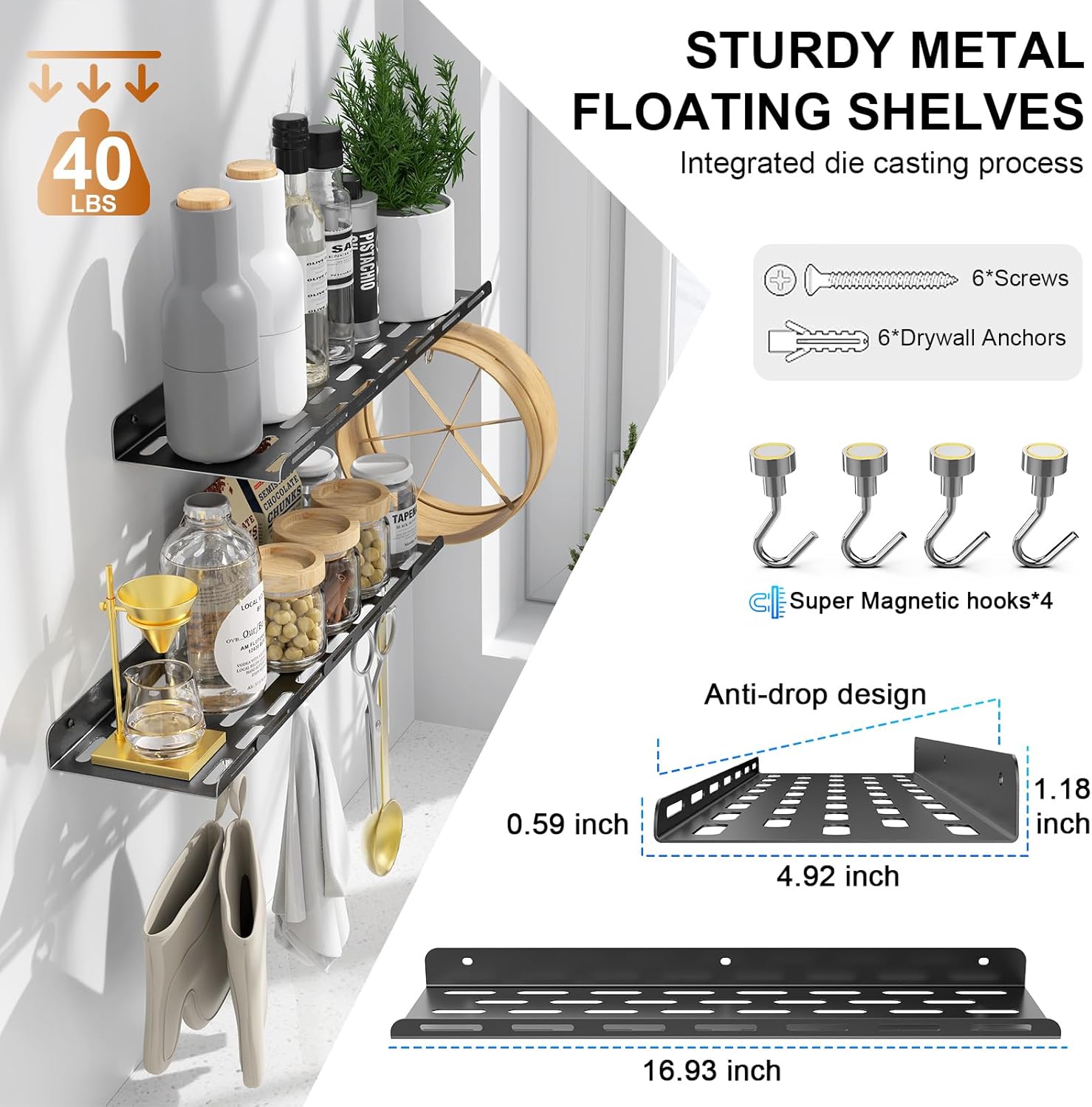 Kerisgo Floating Bookshelf Set of 2 with Magnetic Hooks