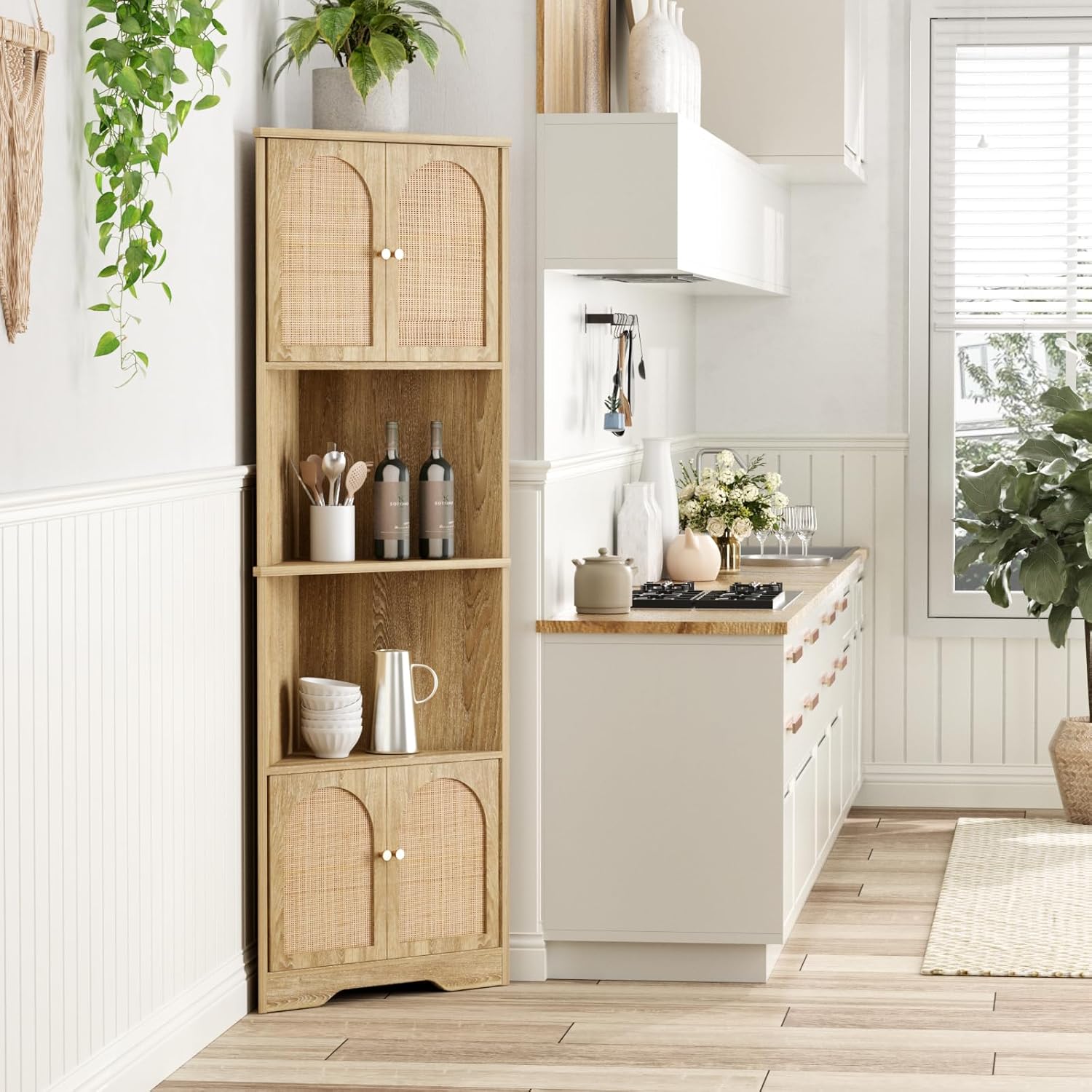 67 Inch Tall Corner Cabinet with Handmade Rattan Door