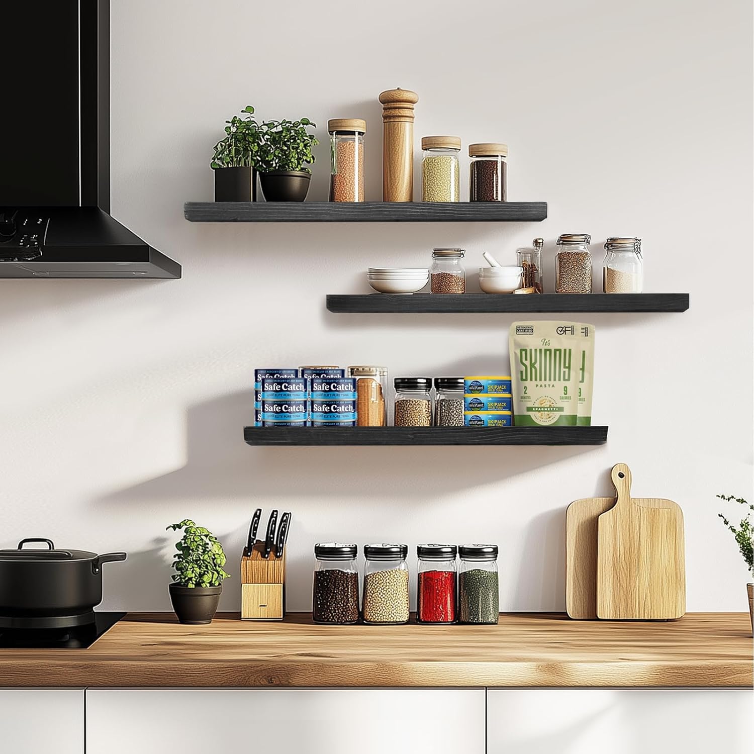 Floating Wall Shelves 3-Pack - 24 Inch Rustic Black Wooden Shelves for Space Saving Storage and Dcor