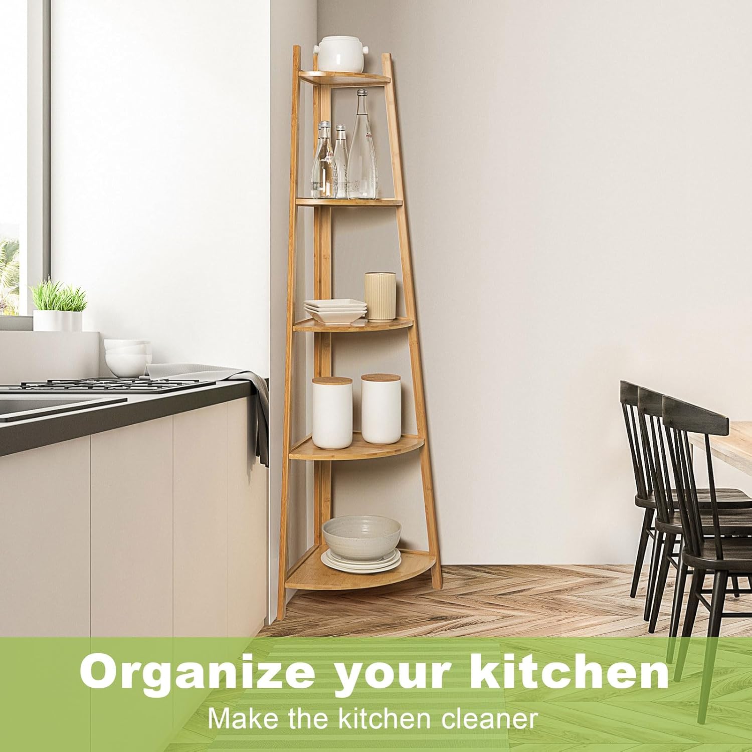 OUTREE Bamboo Corner Shelf 5 Tier Bookshelf Stand for Living Room Bedroom Office Bathroom