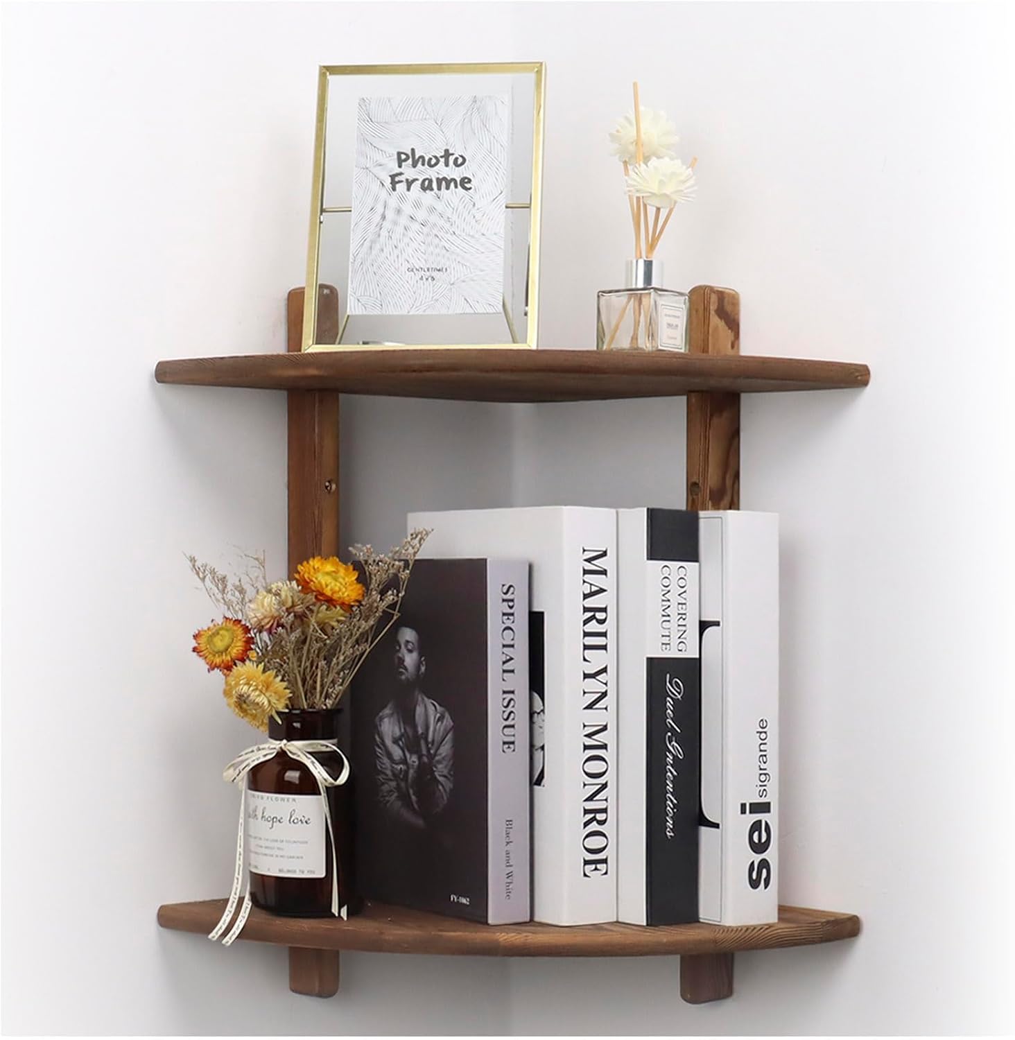 Floating Corner Shelf Wood Bookshelf for Living Room Bedroom Kitchen
