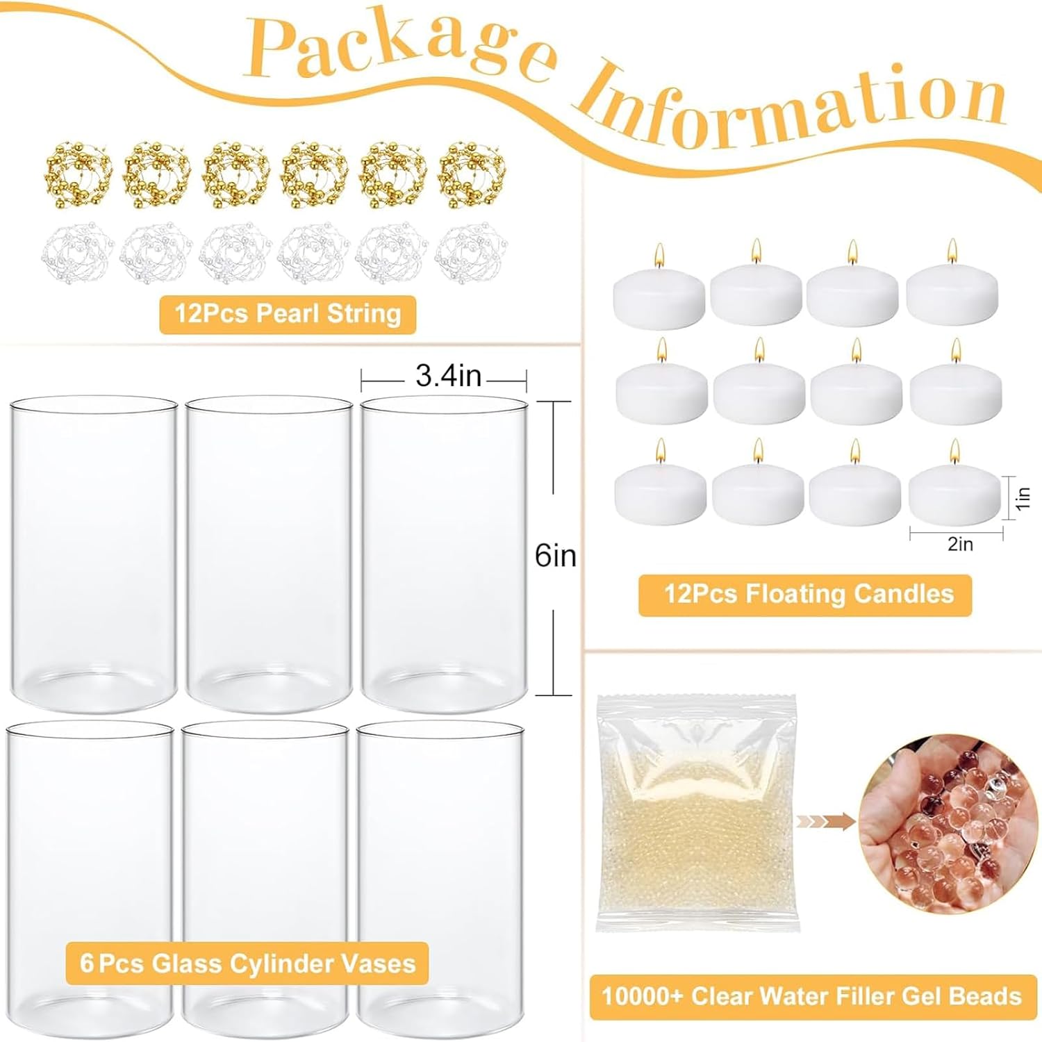 12 Pack White Floating Candles with Glass Cylinder Vases for Centerpieces