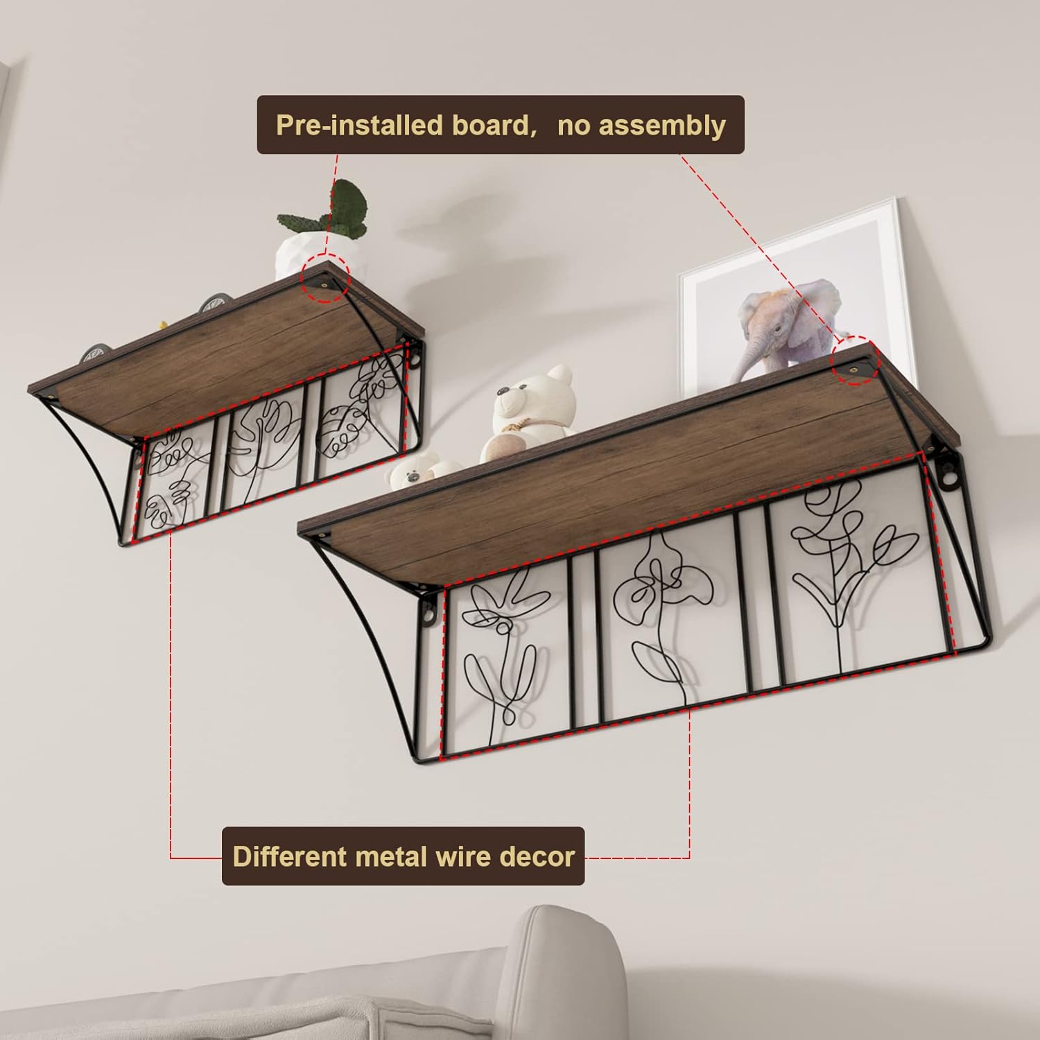 QUTREY Floating Shelves Set of 2 Minimalist Metal Abstract Decor for Living Room and Bedroom