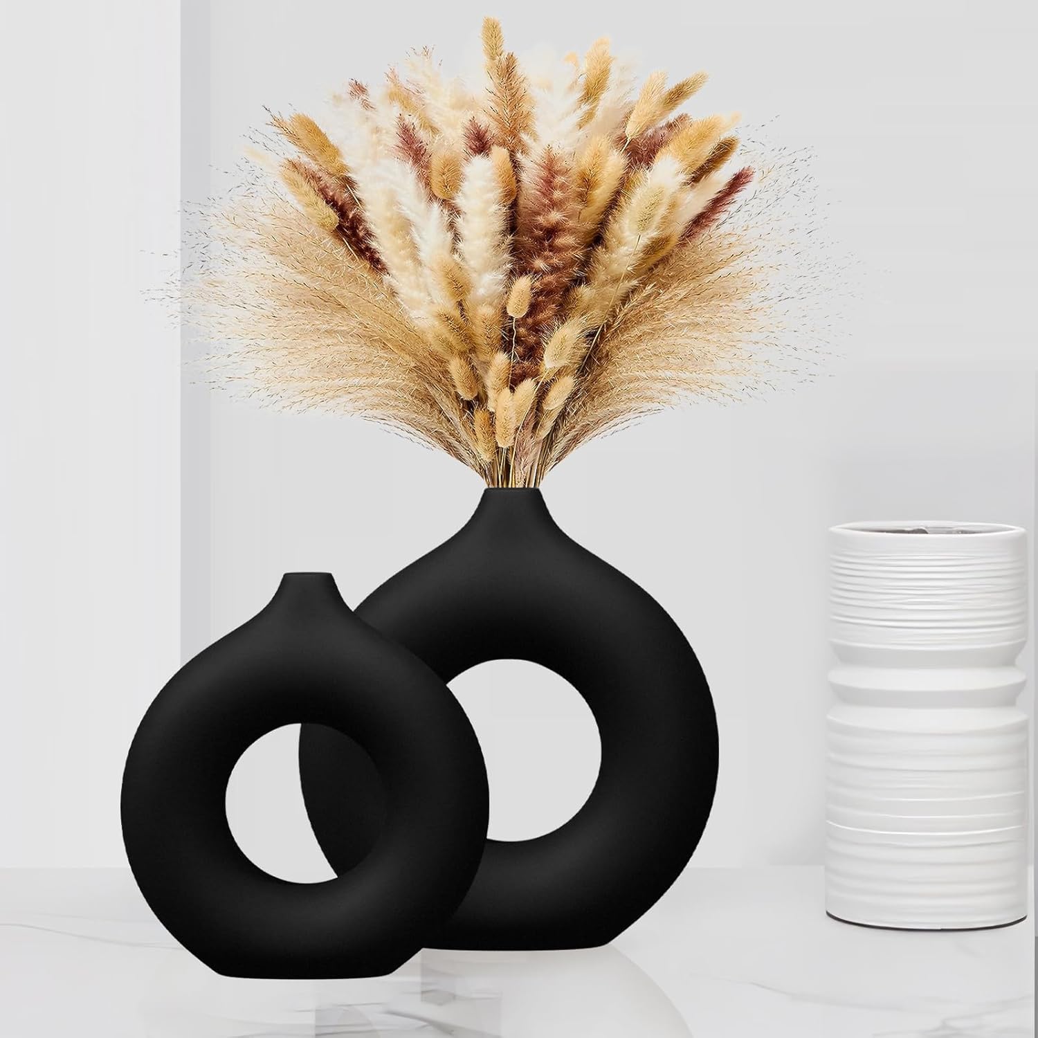 CozyKoala Matte Black Ceramic Donut Vase Set of 2