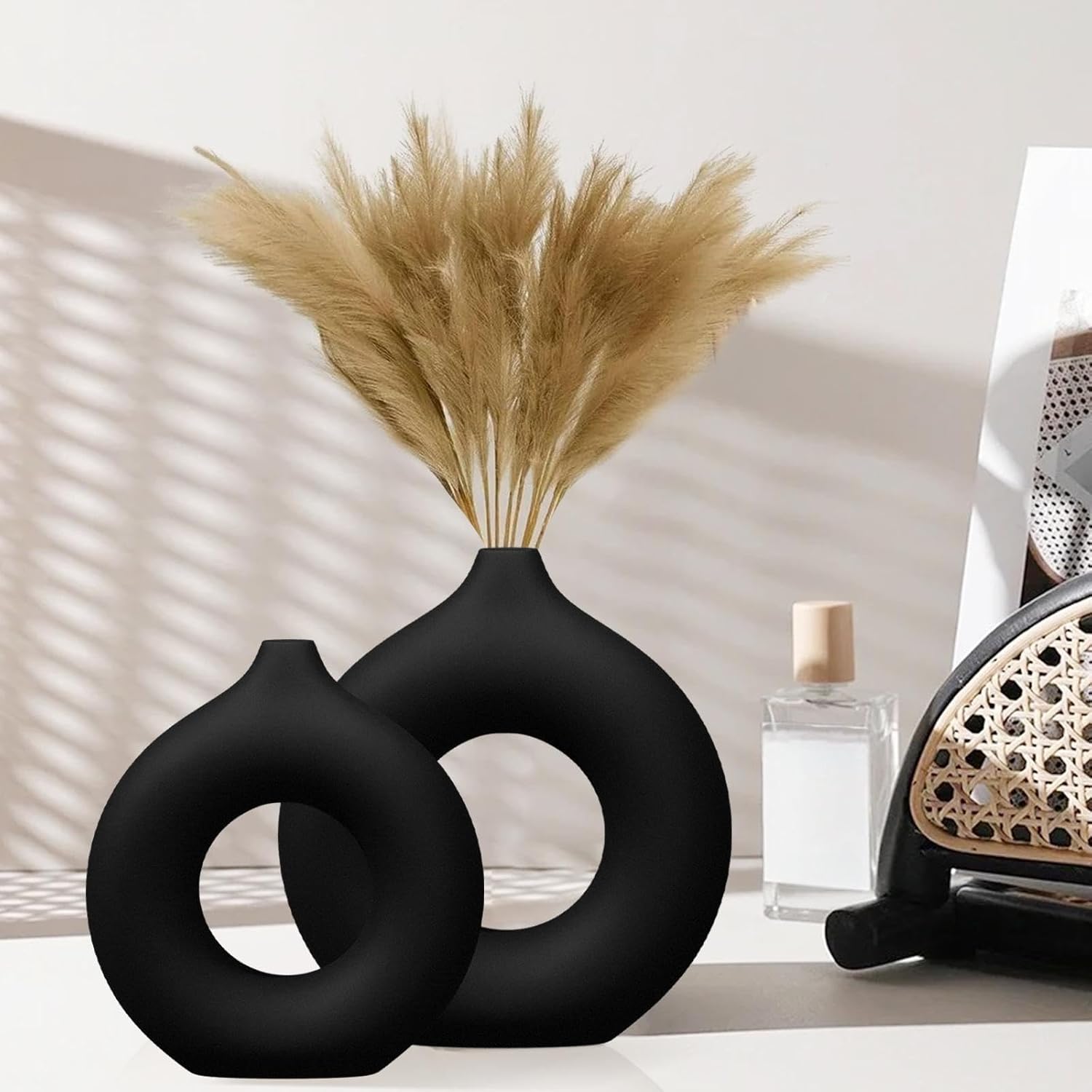 CozyKoala Matte Black Ceramic Donut Vase Set of 2