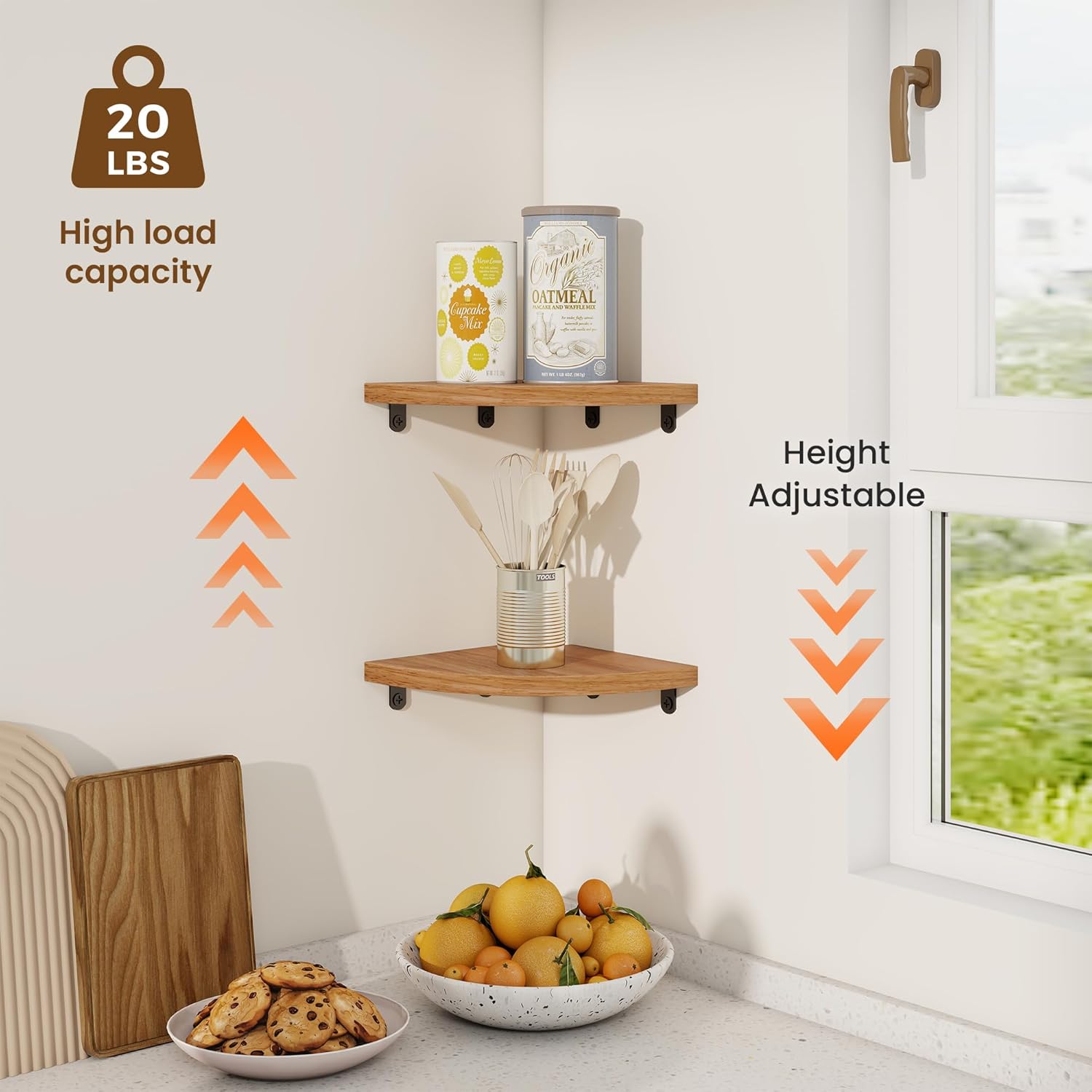 Fun Memories Corner Shelf Wall Mount Solid Oak Wood Floating Shelves with Cable Hole 7in Rustic Design for Home