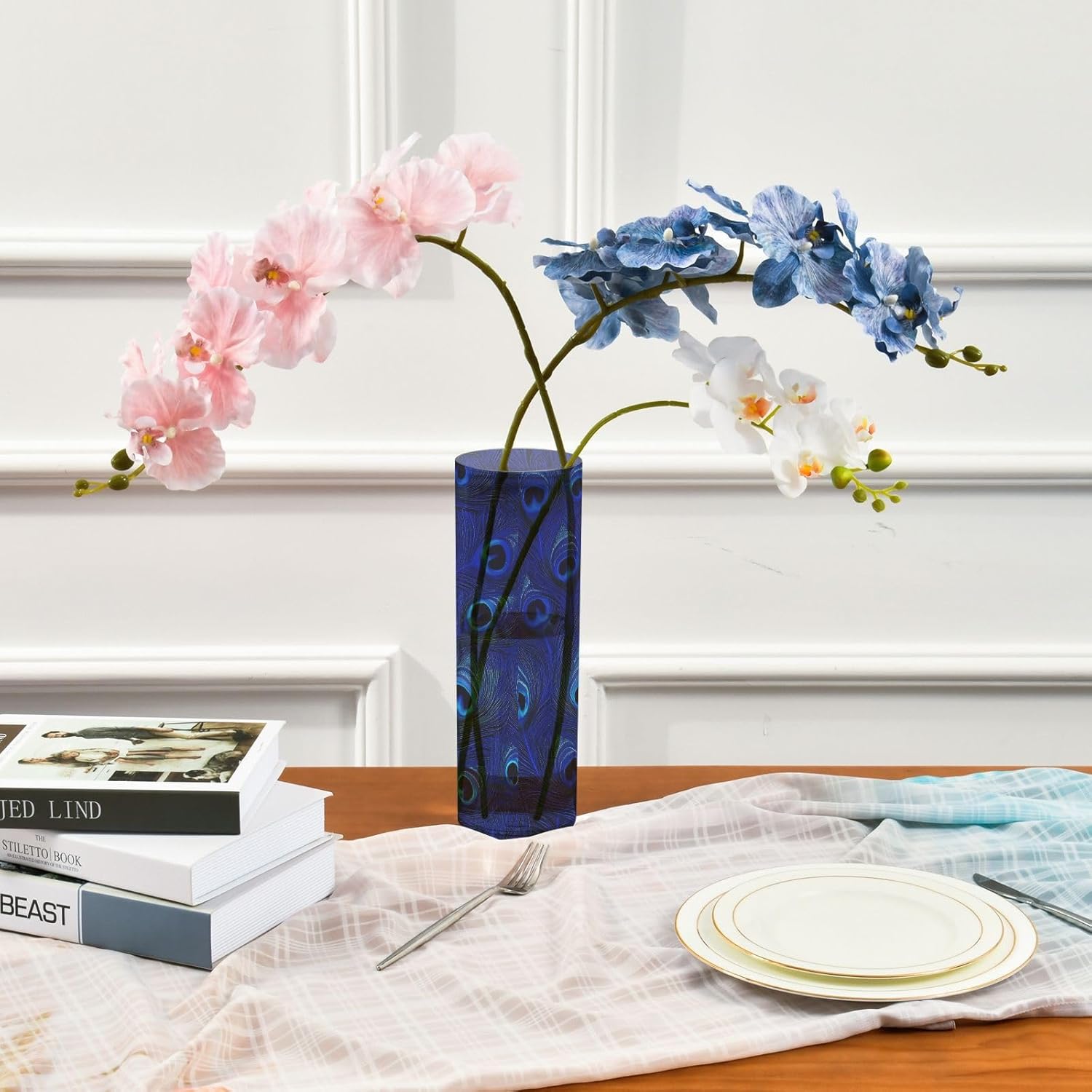 Blue Peacock Feathers Plastic Cylinder Vase 118 x 39 Inch