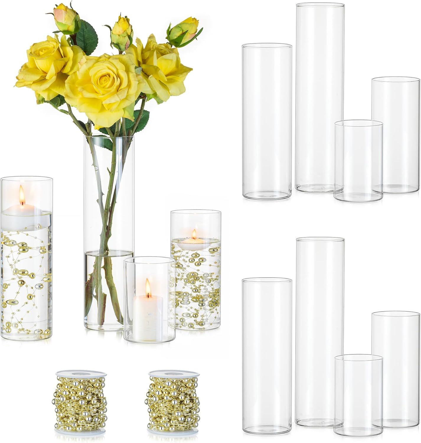 Hewory Clear Glass Cylinder Vases Set of 12 with Pearl String for Centerpieces