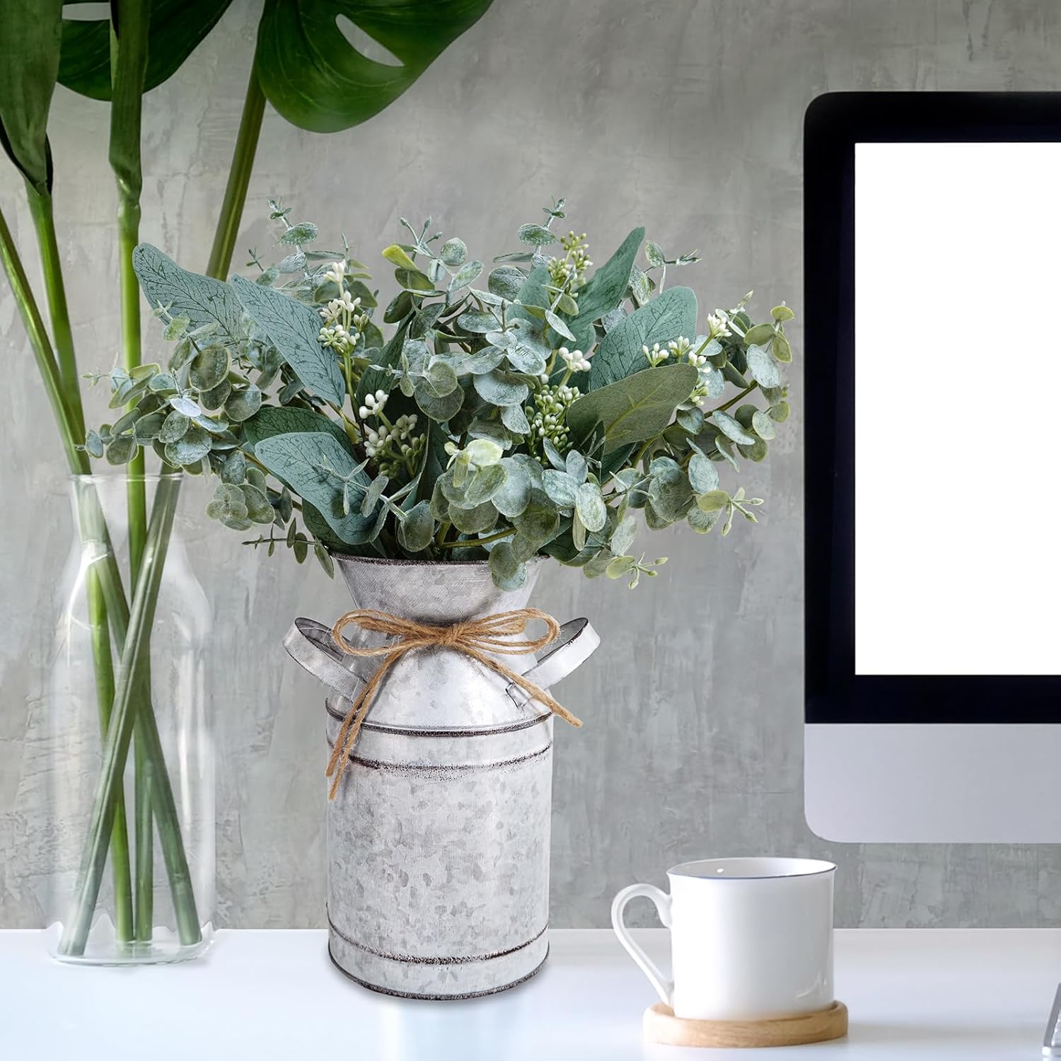 Winlyn Rustic Metal Milk Can Vase with Artificial Eucalyptus Stems