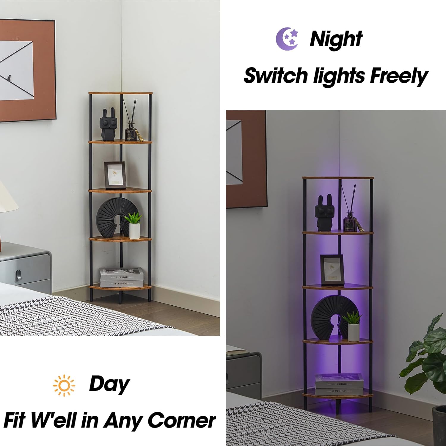 5-Tier Corner Bookshelf with LED Light Illumination
