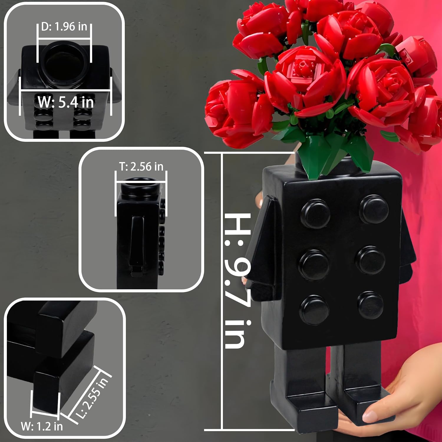 Building Block Vase for Flower Decor Unique Resin Vase Gift Black