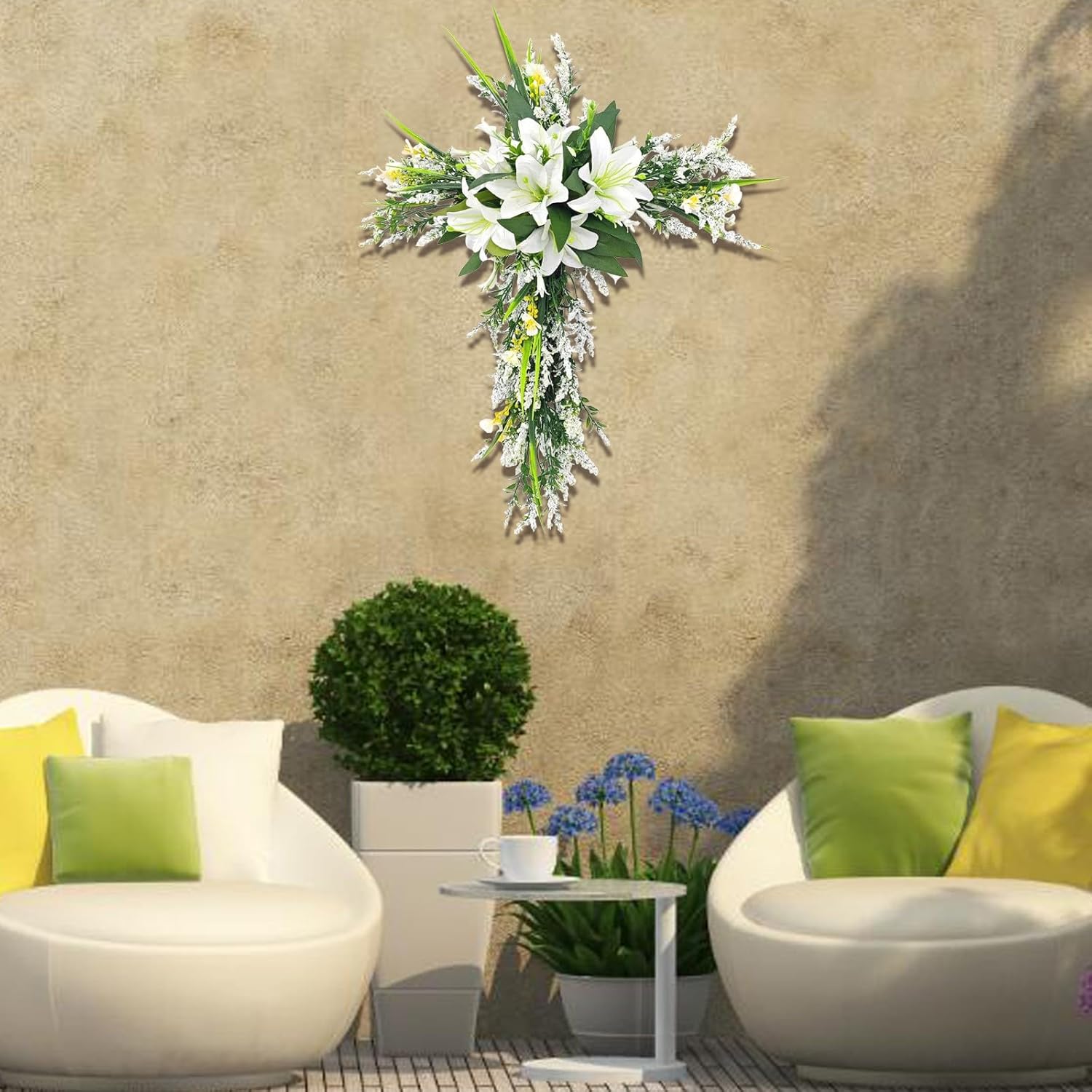 20 Inch Cross Wreath Artificial Lily Purple Easter Decor