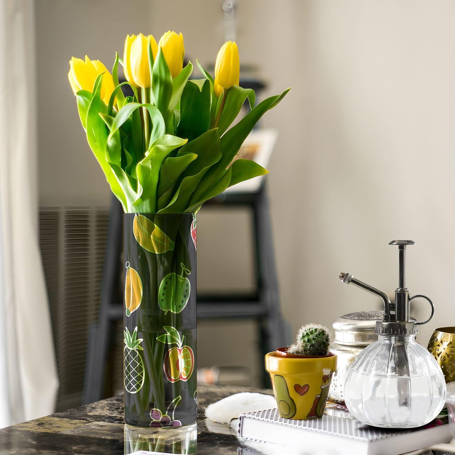 Cute Line Art Fruit Dark Grey Plastic Hurricane Candle Holder 118 x 39 Inch Vase for Living Room Decor