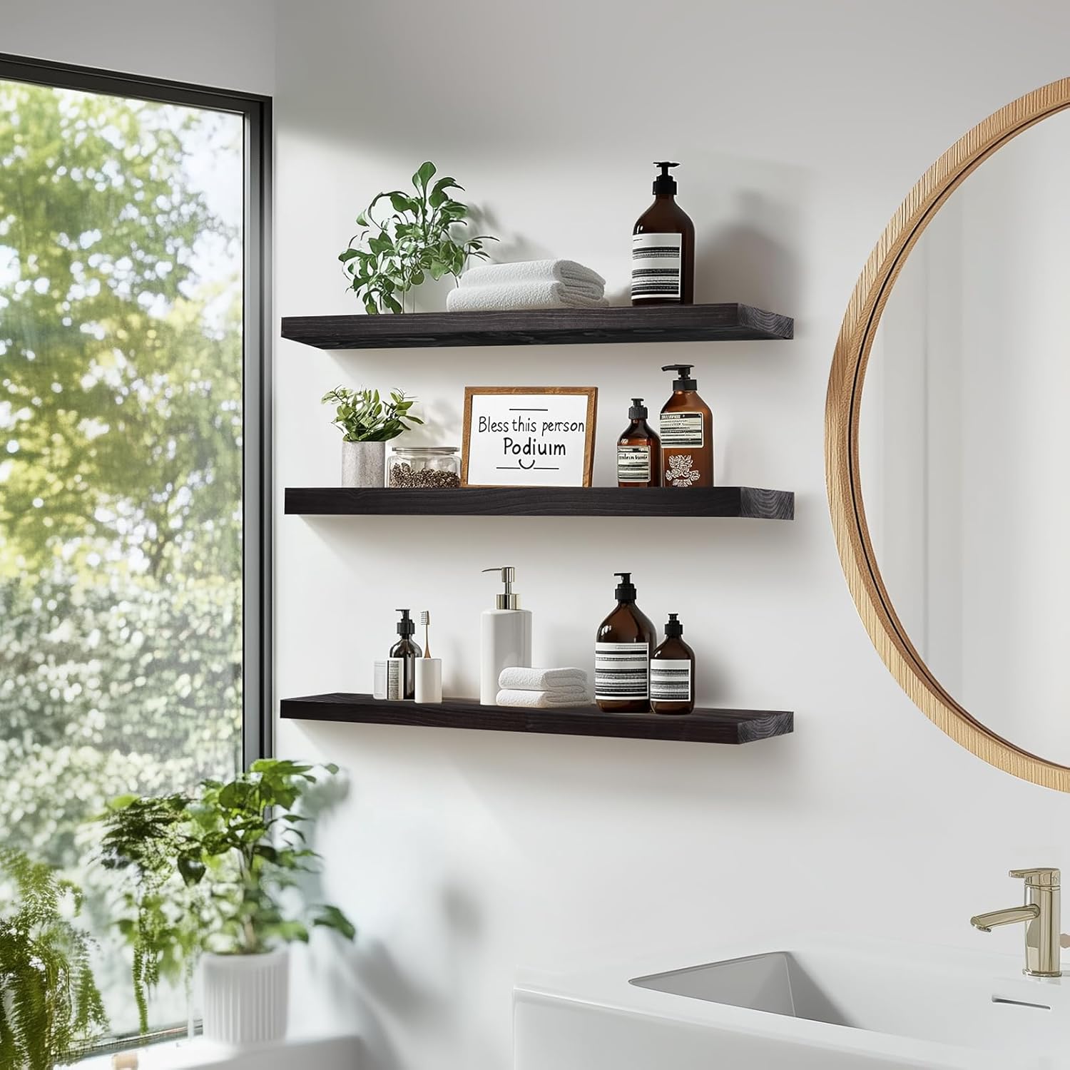 Floating Wall Shelves 3-Pack - 24 Inch Rustic Black Wooden Shelves for Space Saving Storage and Dcor