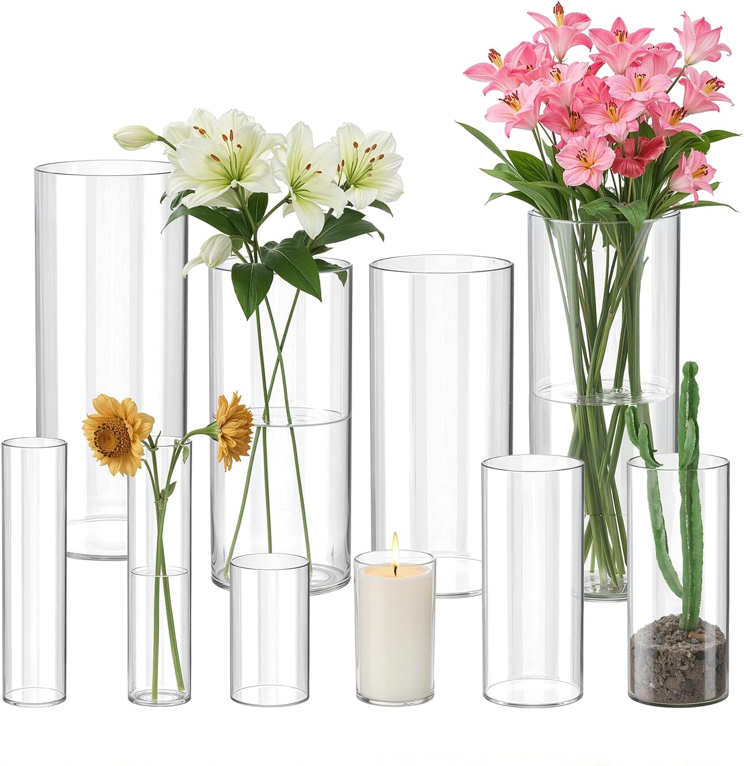 Glass Cylinder Vase Set 10PCS Tall Clear Vases for Home Dcor