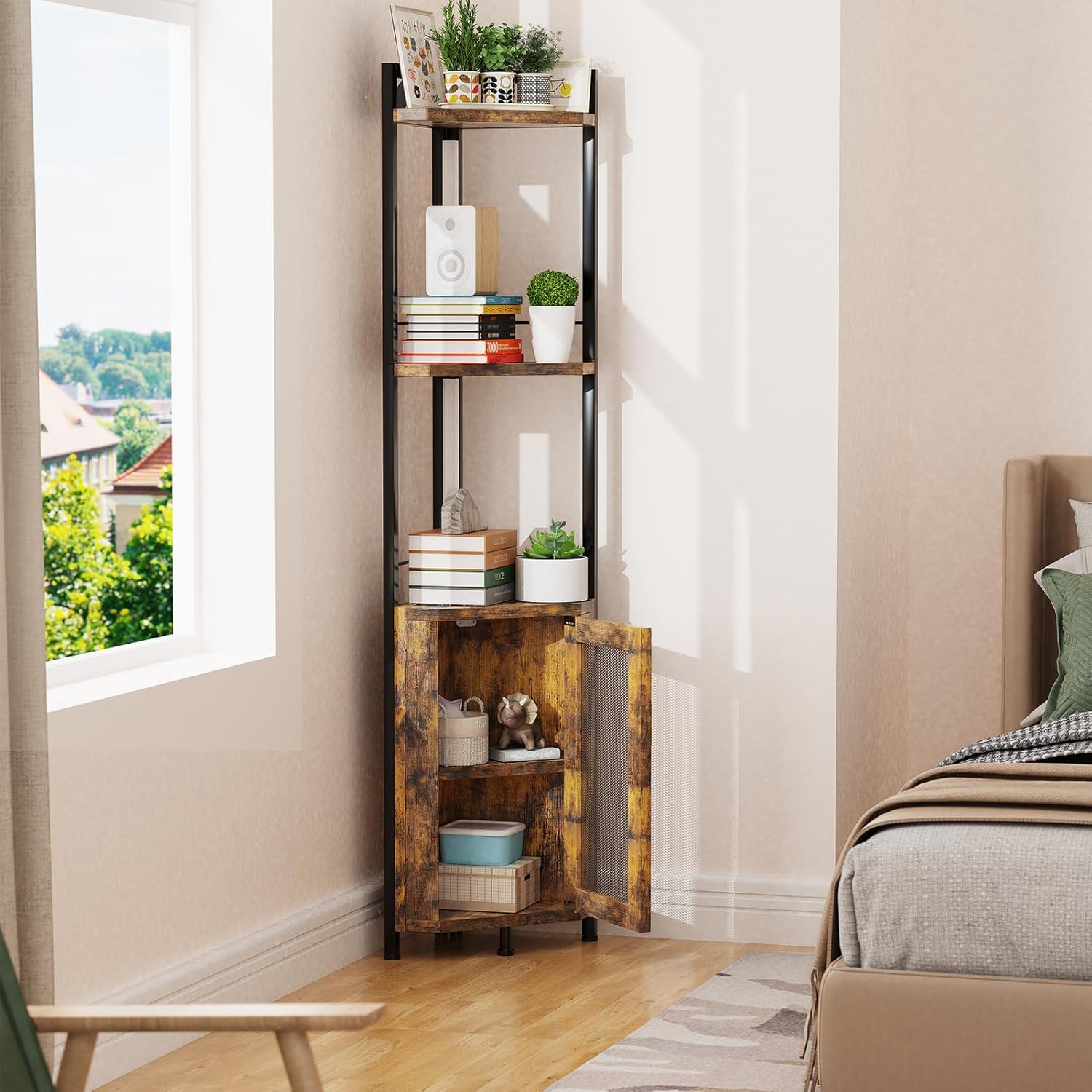 RGB Light Bar Iron Wood Corner Shelf Stand