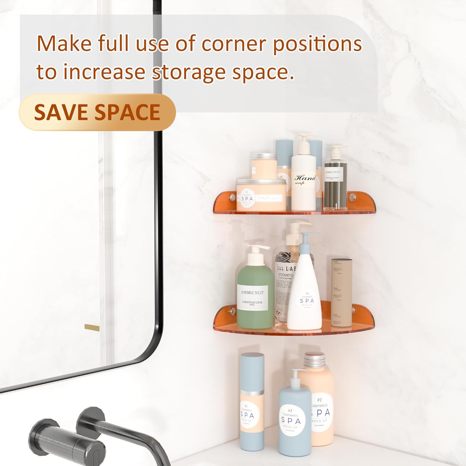 7x7 Inch Floating Corner Shelf Set of 2 Orange Acrylic Wall Mount Organizer