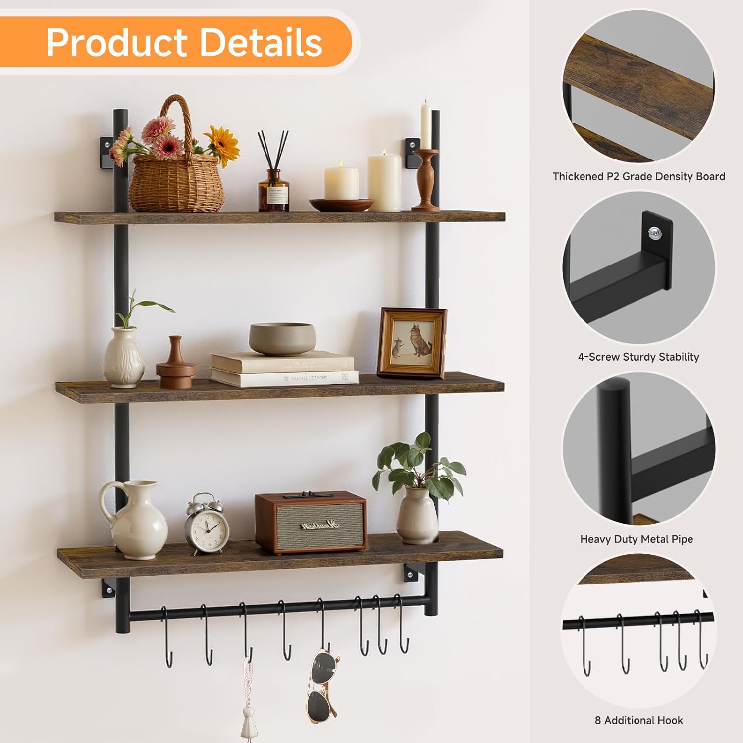 3 Tier Floating Wall Shelves with Towel Bar for Kitchen and Bathroom