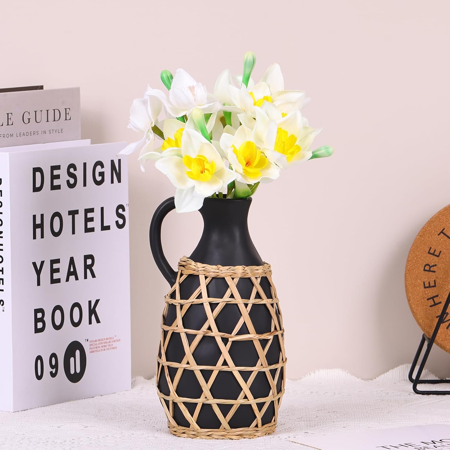 Rustic Farmhouse Hand Woven Ceramic Vase for Dried Pampas Flowers