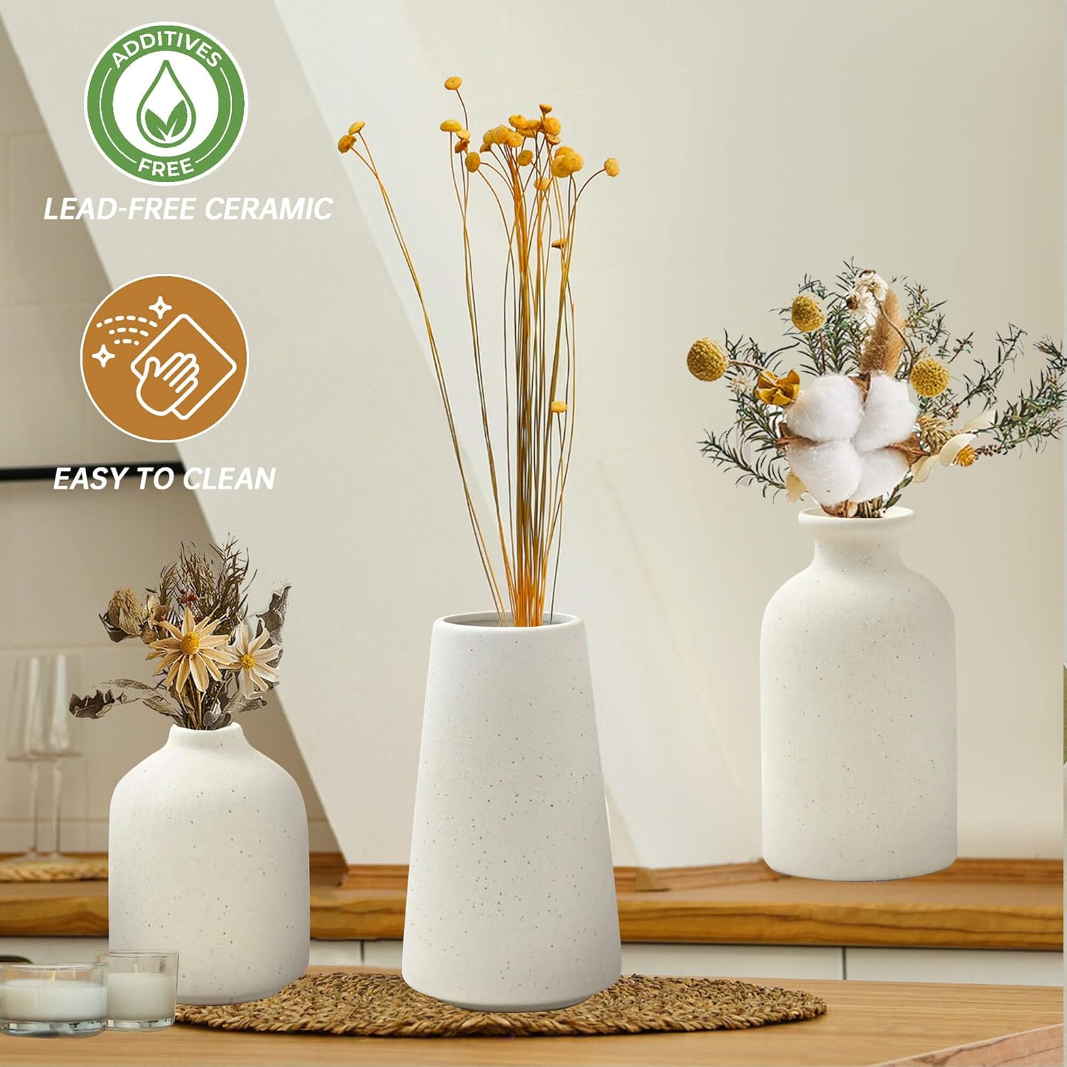 Set of 3 Beige Ceramic Vases for Pampas Grass and Dried Flowers