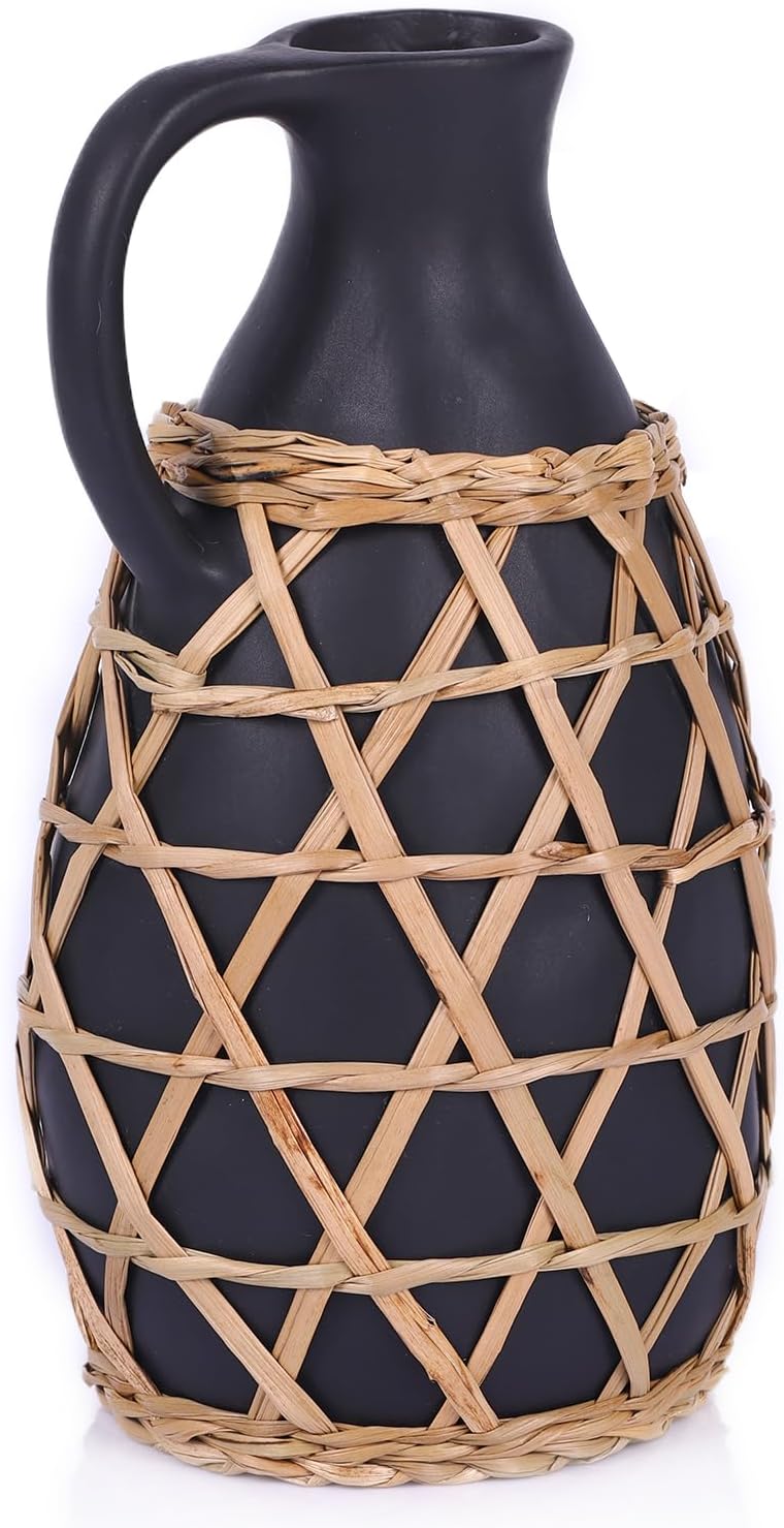 Rustic Farmhouse Hand Woven Ceramic Vase for Dried Pampas Flowers