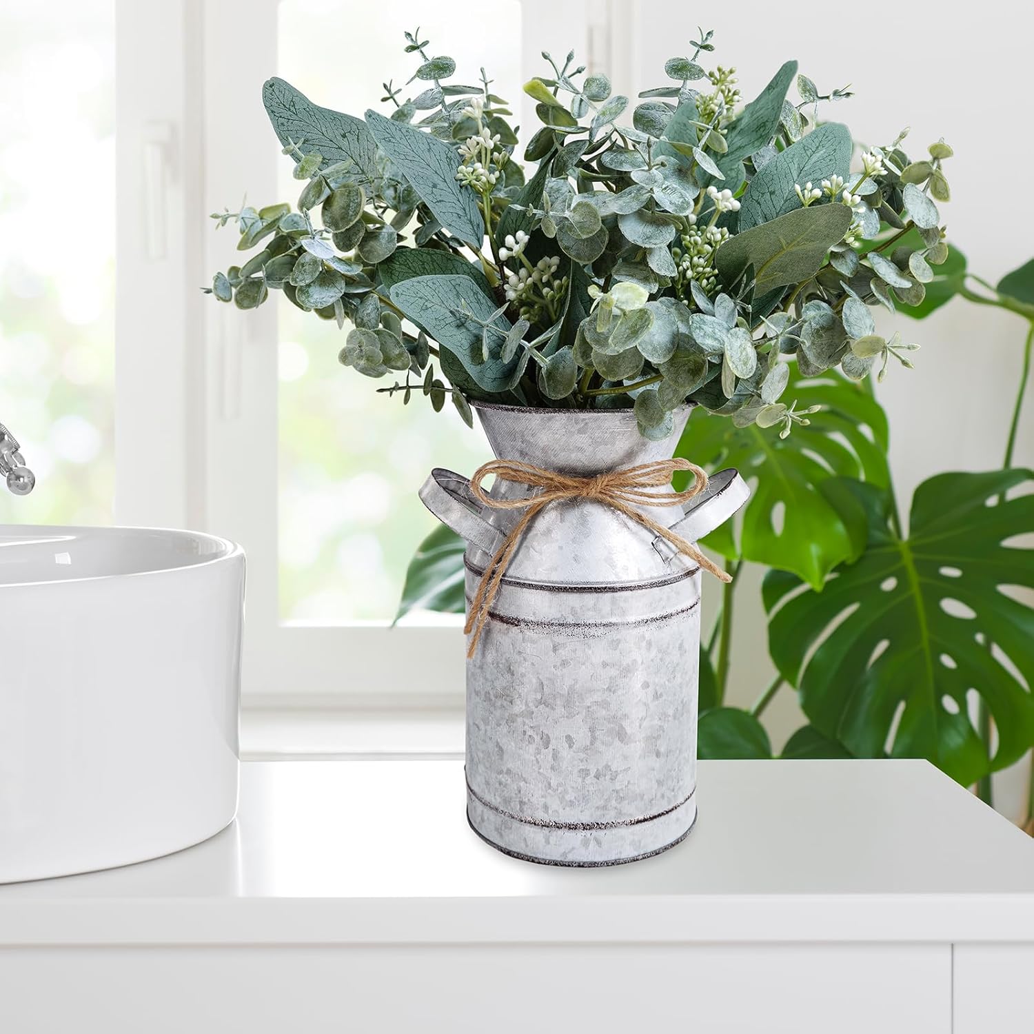 Winlyn Rustic Metal Milk Can Vase with Artificial Eucalyptus Stems