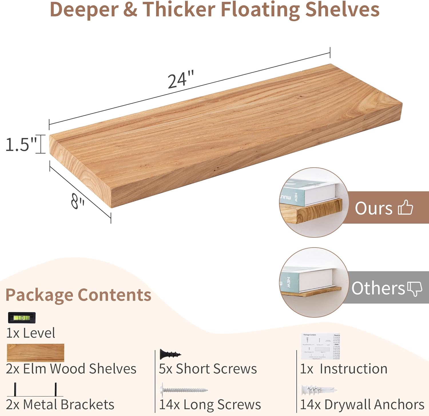 Axeman Reclaimed Elm Floating Wall Shelves 2PCs