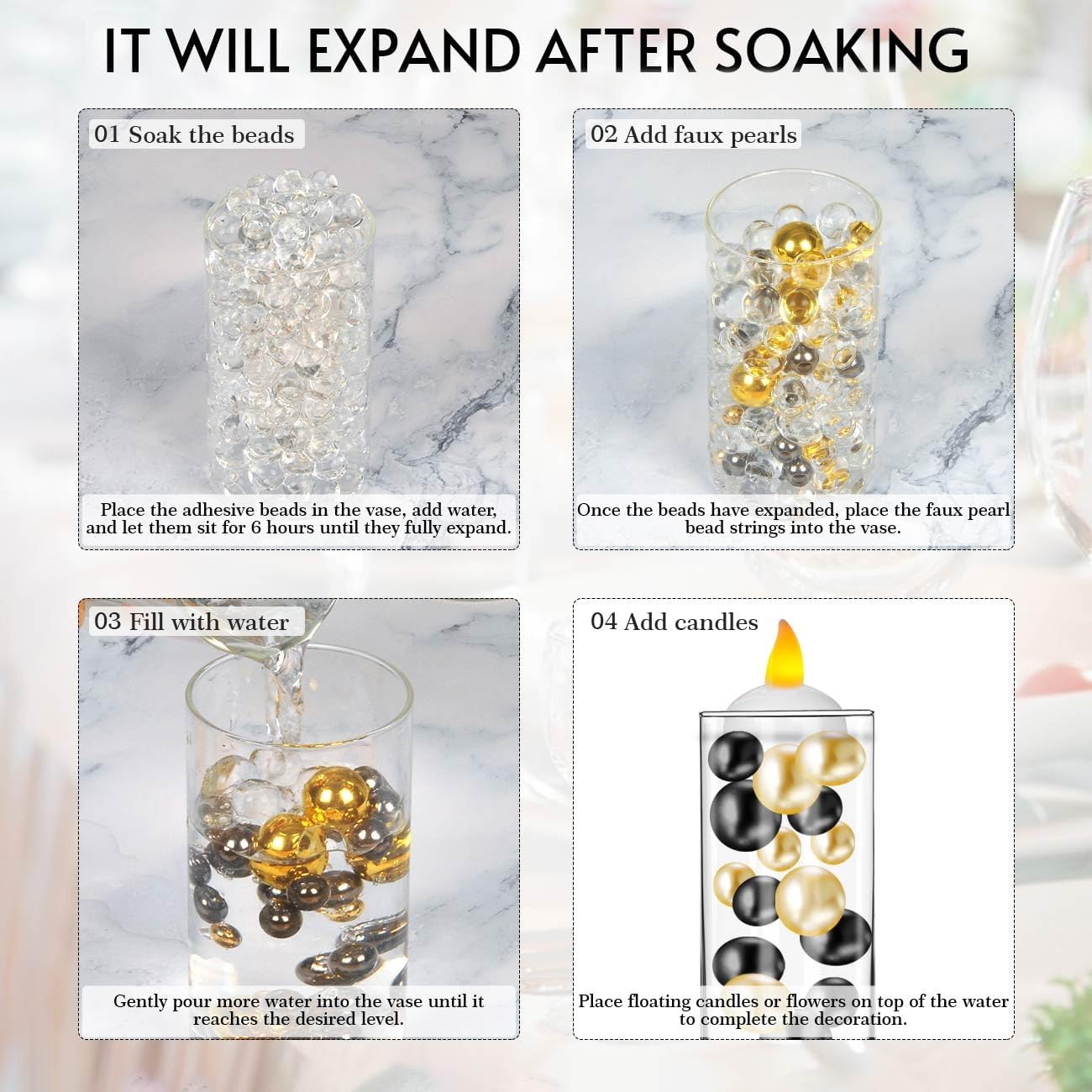 6 Set Glass Cylinder Vases with Floating Candles and Water Filler Beads