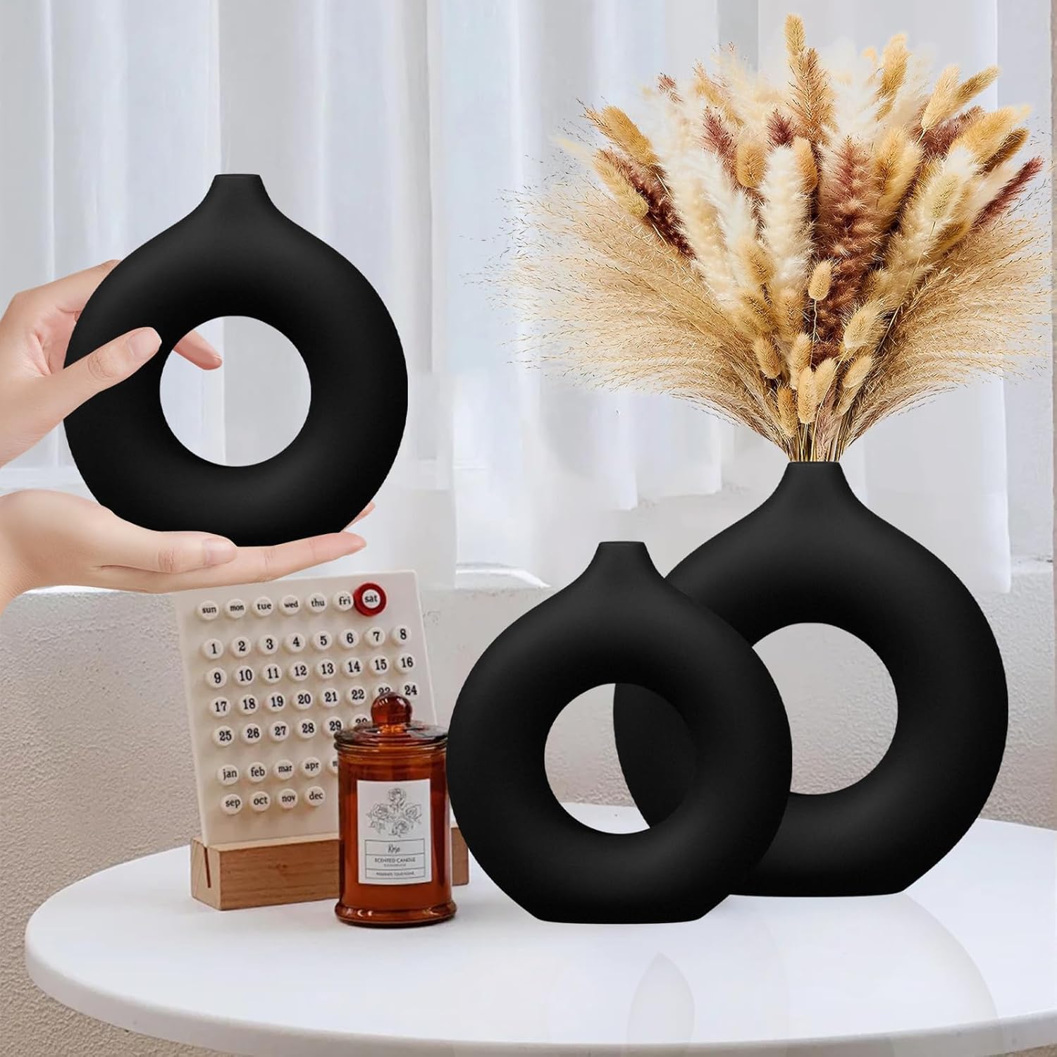 CozyKoala Matte Black Ceramic Donut Vase Set of 2