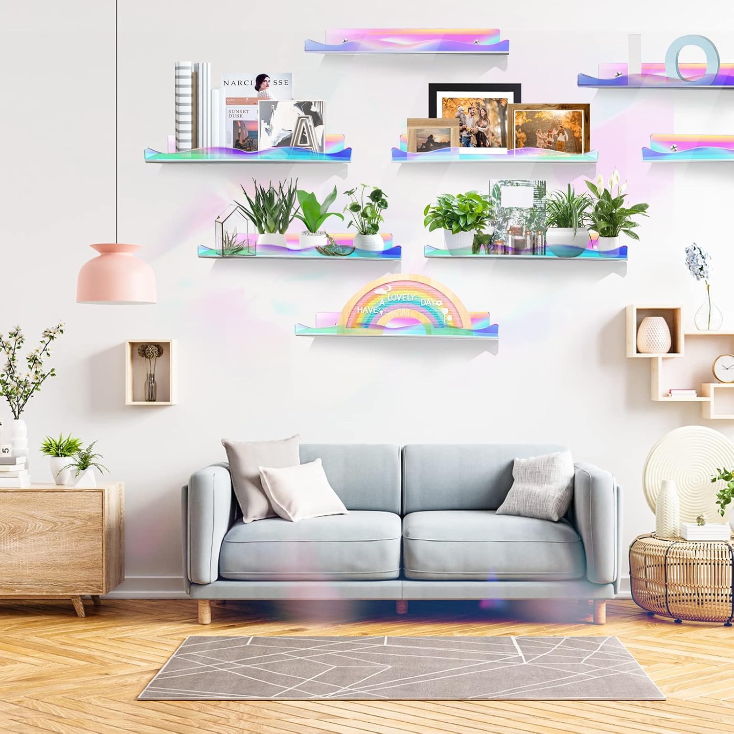 Iridescent Clear Floating Shelves 6 Pack for Home Display