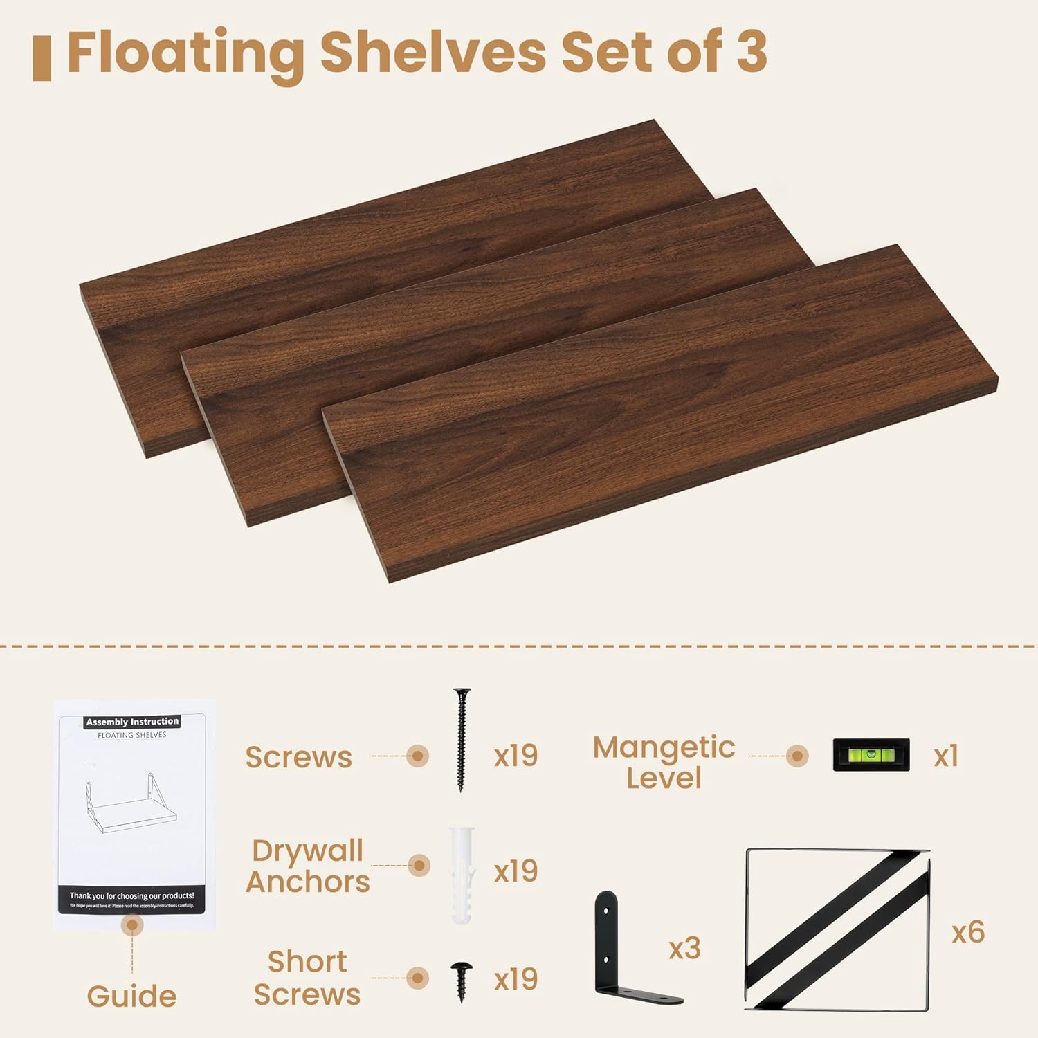 Heimlove Floating Shelves 24 Inch Set of 3 Walnut
